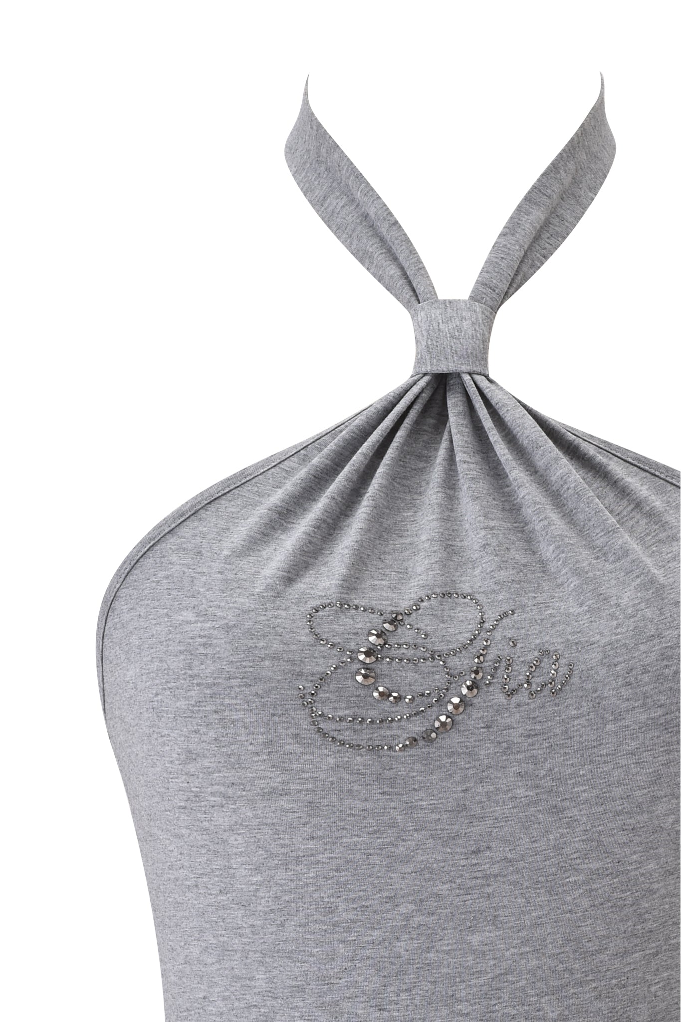 A close-up of the ROWAN TOP - HEATHER GREY by I.AM.GIA, a grey halter-neck jersey bodycon with a knotted neckline and rhinestone "Giva" embellishment on the chest.