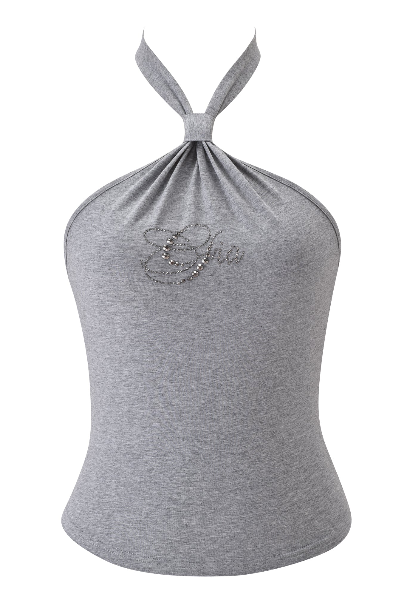 The I.AM.GIA ROWAN TOP in heather grey is a bodycon jersey halter with a neck knot, featuring "Glam" in rhinestones on the chest.