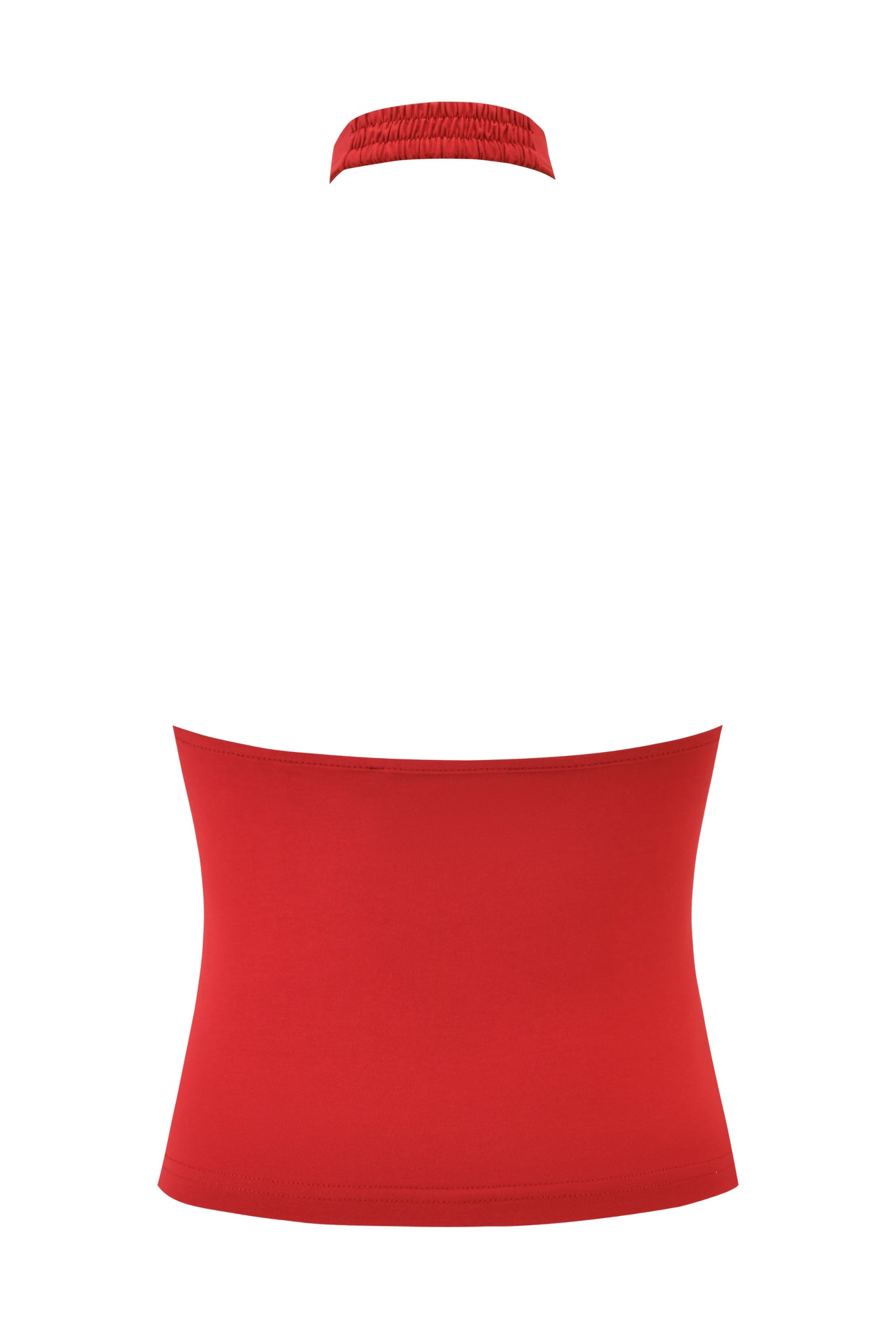 The ROWAN TOP by I.AM.GIA in Rich Red is a soft jersey halter with a strapless bodycon fit and matching elastic neck strap, shown on a plain white background.