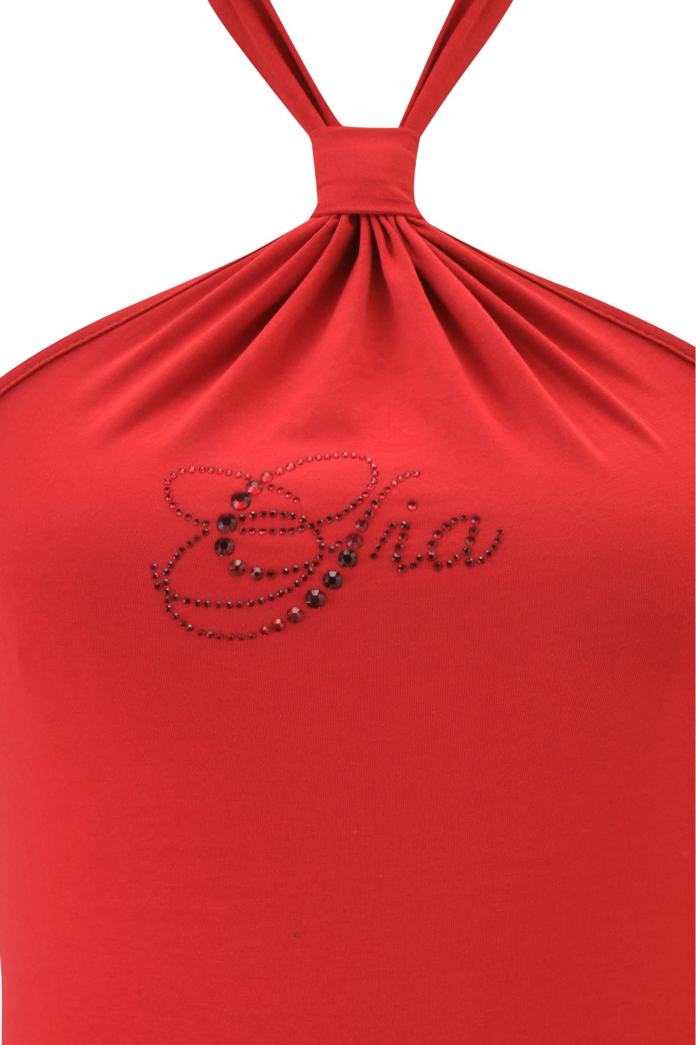 Close-up of the I.AM.GIA ROWAN TOP in Rich Red, a soft jersey halter featuring "Cha" in rhinestones on the chest and gathered fabric at the neckline.