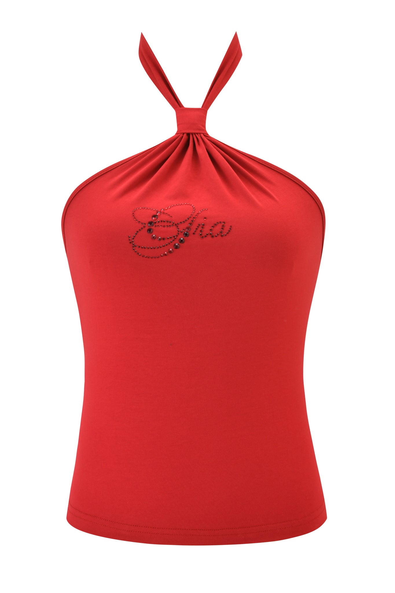 The ROWAN TOP - RICH RED by I.AM.GIA is a soft jersey halter neck top with a knotted neckline and "Gina" in black rhinestones on the chest, offering a chic bodycon fit.