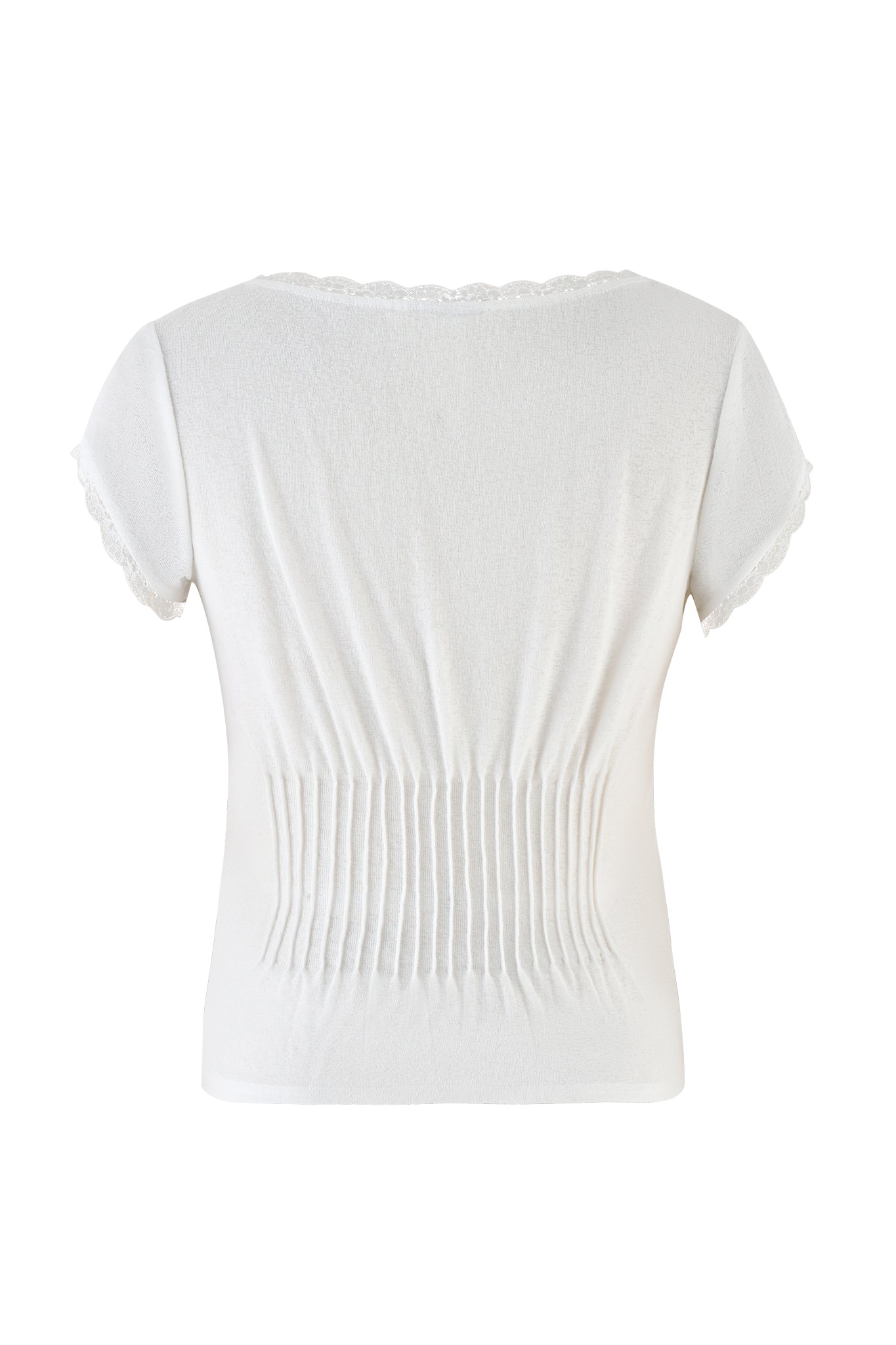 The ECHO TOP - WHITE by I.AM.GIA is a semi-sheer cotton top with a lace-trimmed neckline and cap sleeves, featuring a ruched back for added texture to its soft and lightweight fabric.