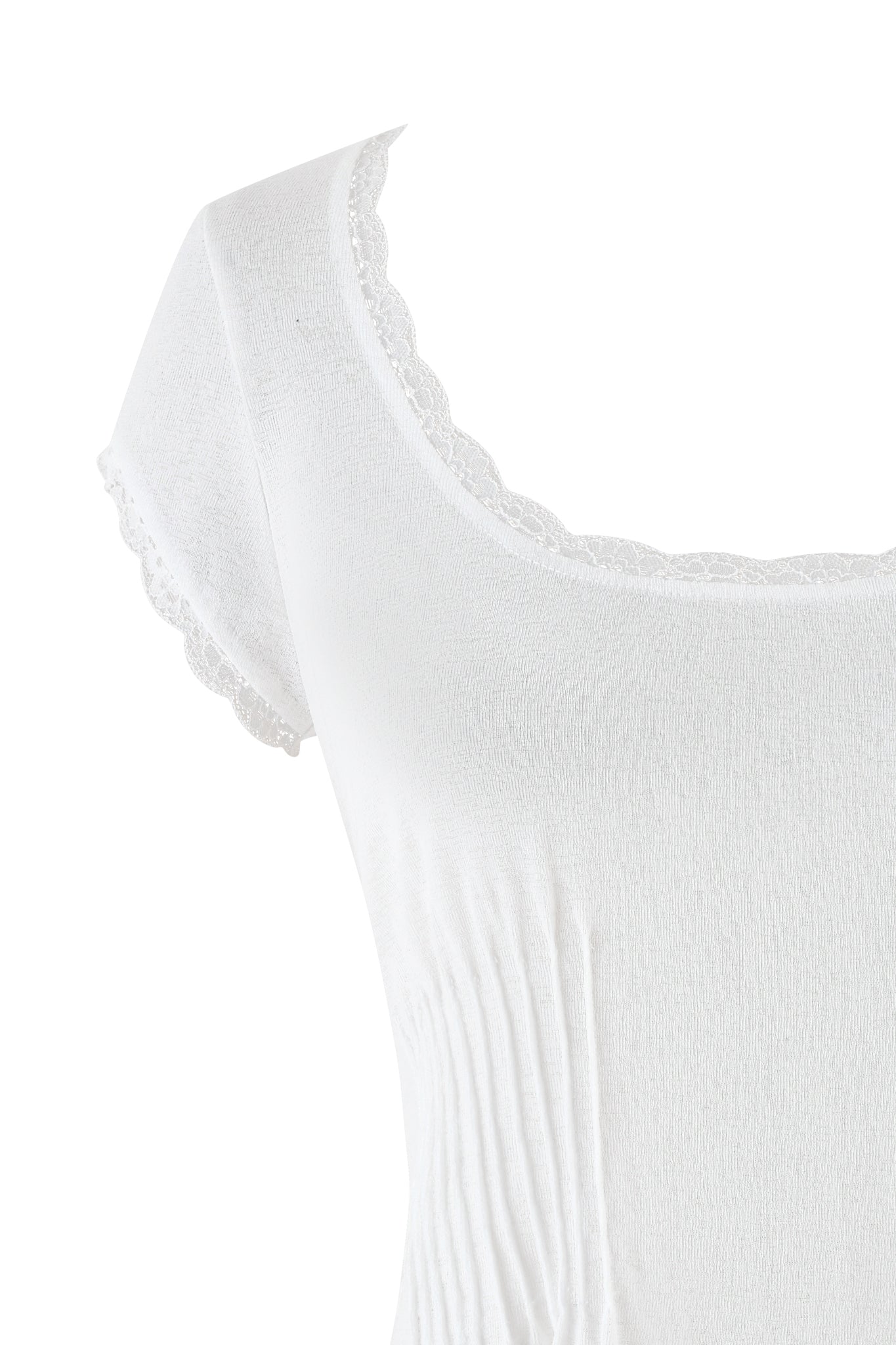 The image showcases the elegant ECHO TOP - WHITE by I.AM.GIA, highlighting its semi-sheer cotton texture with lace trim at the neckline and sleeve edges. The cap sleeves feature subtle vertical ruching details, focusing on the upper section of this stylish garment.