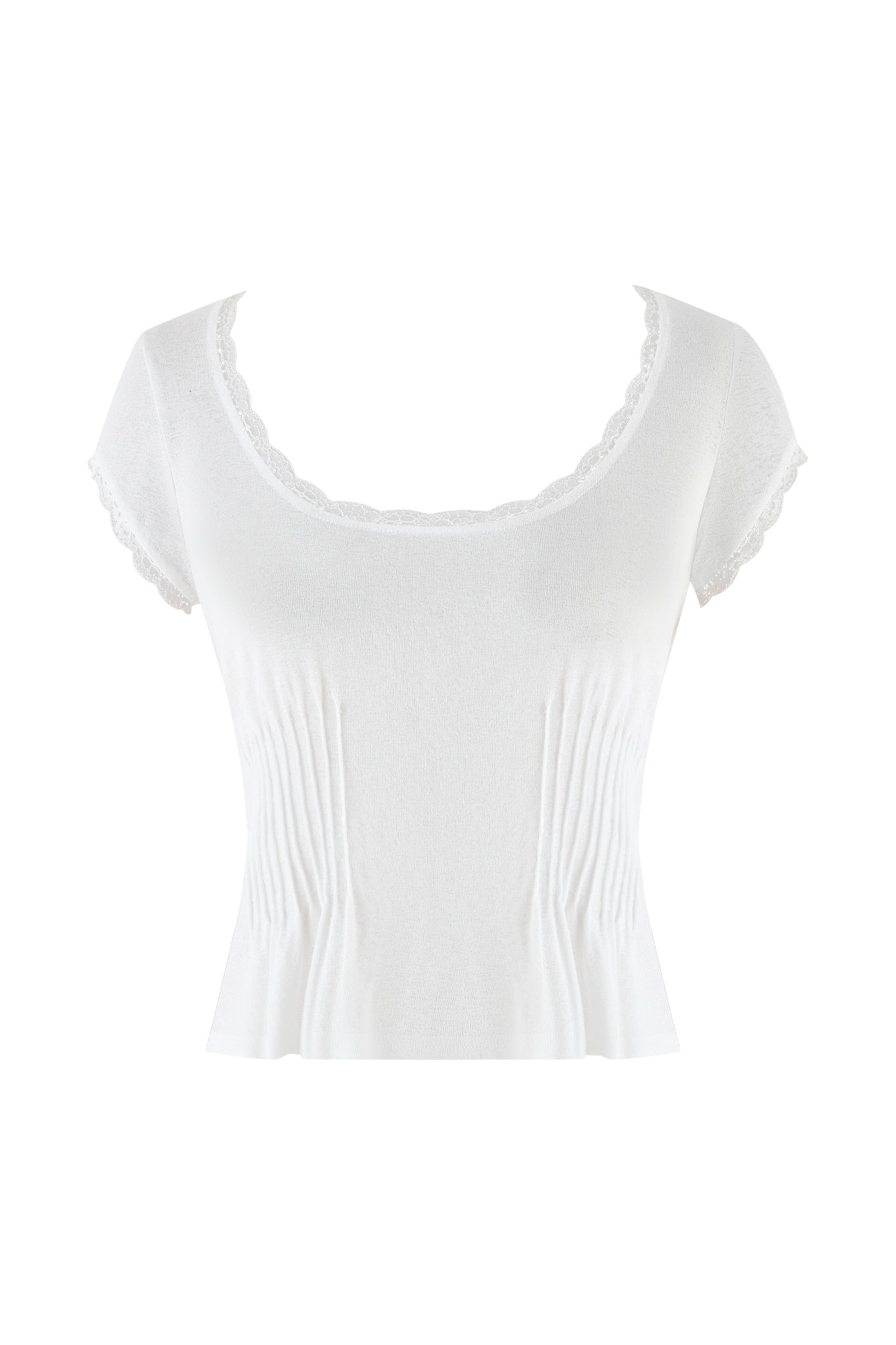 The ECHO TOP - WHITE by I.AM.GIA is a charming semi-sheer cotton top with a scoop neckline and lace trim. It features short cap sleeves and subtle vertical ribbing above the hem for a simple, elegant design.