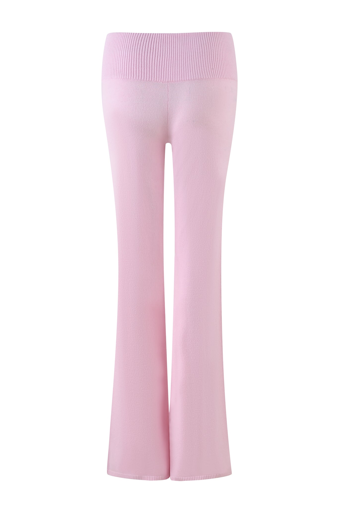 The MORGANA PANT - PINK by I.AM.GIA features baby pink high-waisted flared pants made with knit fabric and an elastic waistband, showcased from the back against a white background.