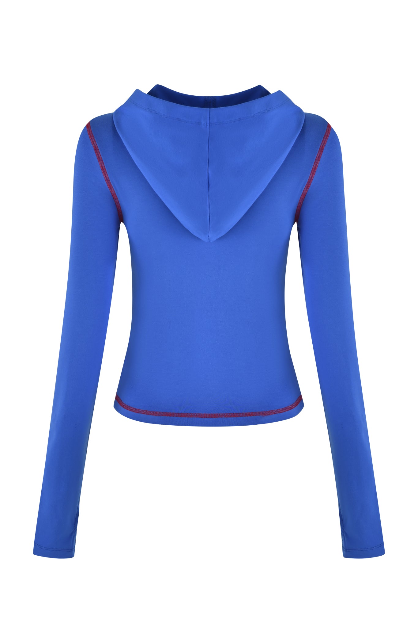 The I.AM.GIA Blare Hoodie in royal blue offers a bodycon fit with red seams, showcased from the back. It features a simple, fitted design and slightly tapered waist for a sleek look.