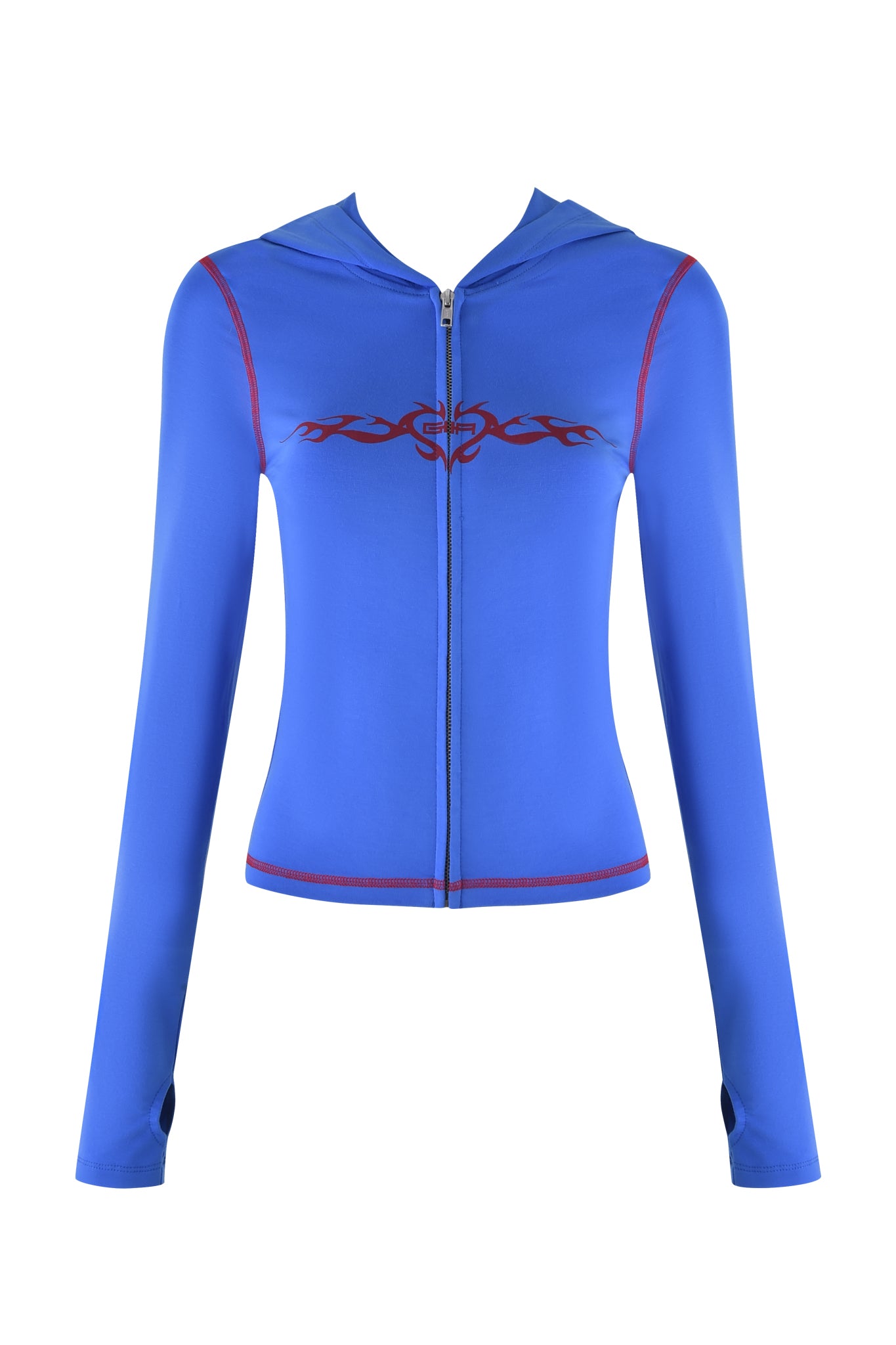 The I.AM.GIA Blare Hoodie - Blue: Royal Blue is a crop top zip-up with thumb holes, featuring a striking red tribal flame design and piping on long sleeves. This bodycon garment stands out beautifully against white.