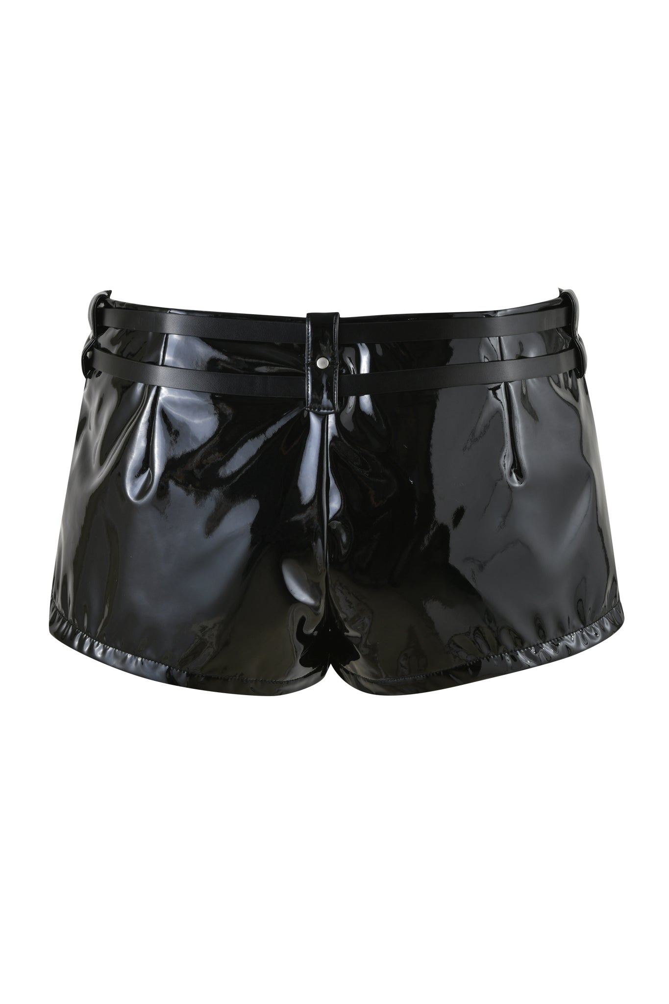 The VEGA HOT SHORT - BLACK by I.AM.GIA are shiny black latex shorts with a high-gloss finish, featuring a low-rise waist and belt loops.