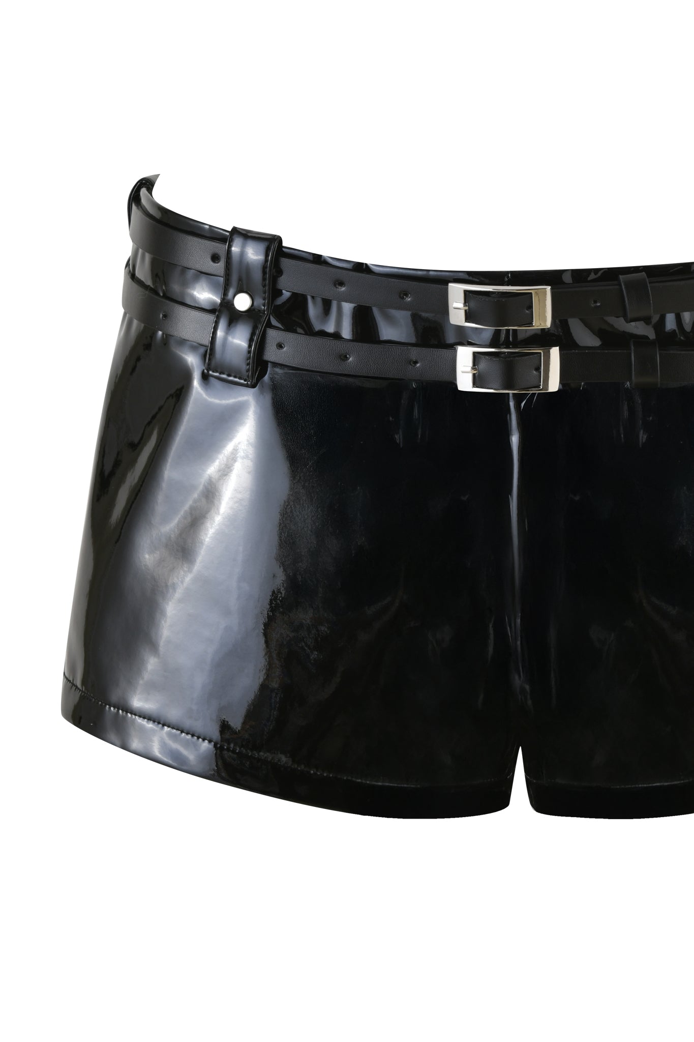 The VEGA HOT SHORT - BLACK by I.AM.GIA are black faux leather micro mini shorts with a glossy finish, featuring low-rise waist and two silver buckled belts for a sleek, edgy look.