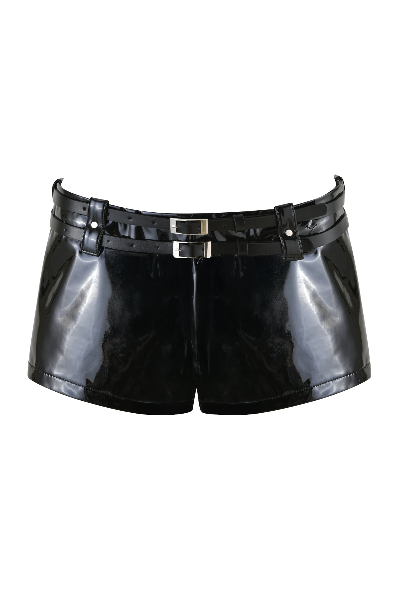 The VEGA HOT SHORT by I.AM.GIA features a glossy black faux leather with a double belt and silver buckles, creating a sleek and modern edge with its low-rise waist.