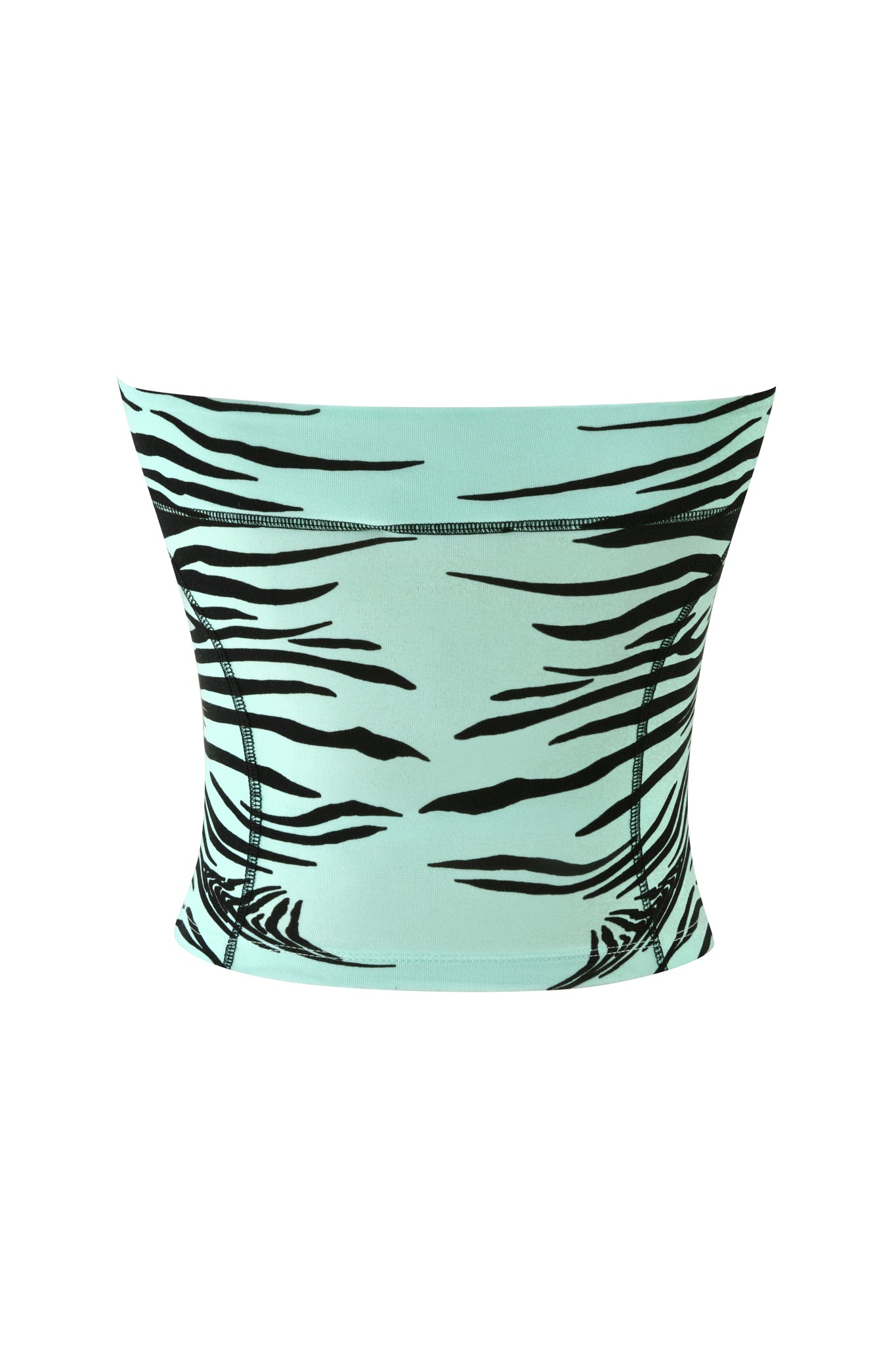 The I.AM.GIA BLARE BOOB TUBE in Aqua Fine Line Zebra features a mint green, strapless crop top design with a sleek black abstract zebra stripe pattern, shown against a white background.
