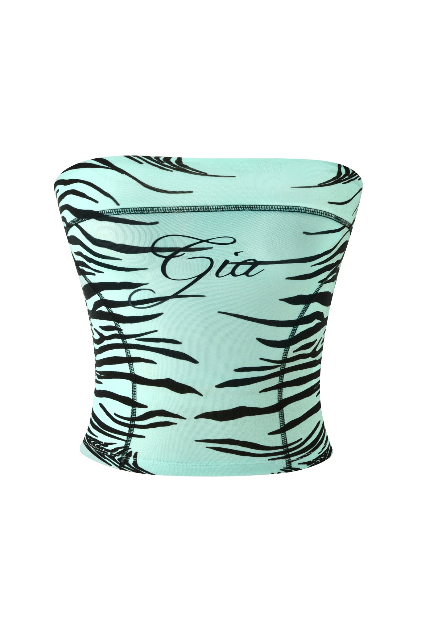 Make a statement with the BLARE BOOB TUBE - AQUA FINE LINE ZEBRA by I.AM.GIA, a mint green strapless crop top featuring bold black zebra stripes and “Gia” scripted on the front—perfect for elevating your look.