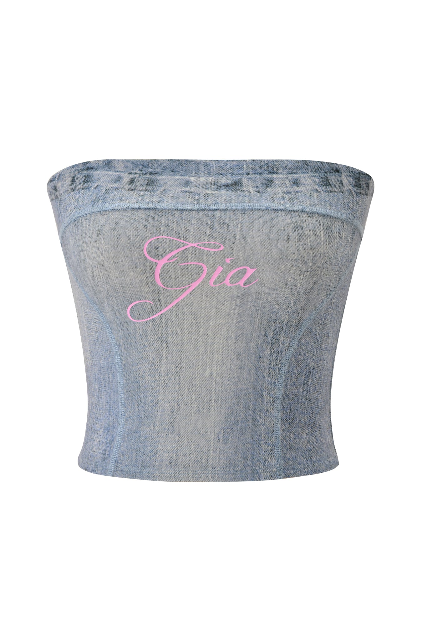 The BLARE BOOB TUBE - DENIM TROMPE L'OEIL by I.AM.GIA is a denim corset top featuring "Gia" in pink cursive across the front, capturing the brand's signature style.
