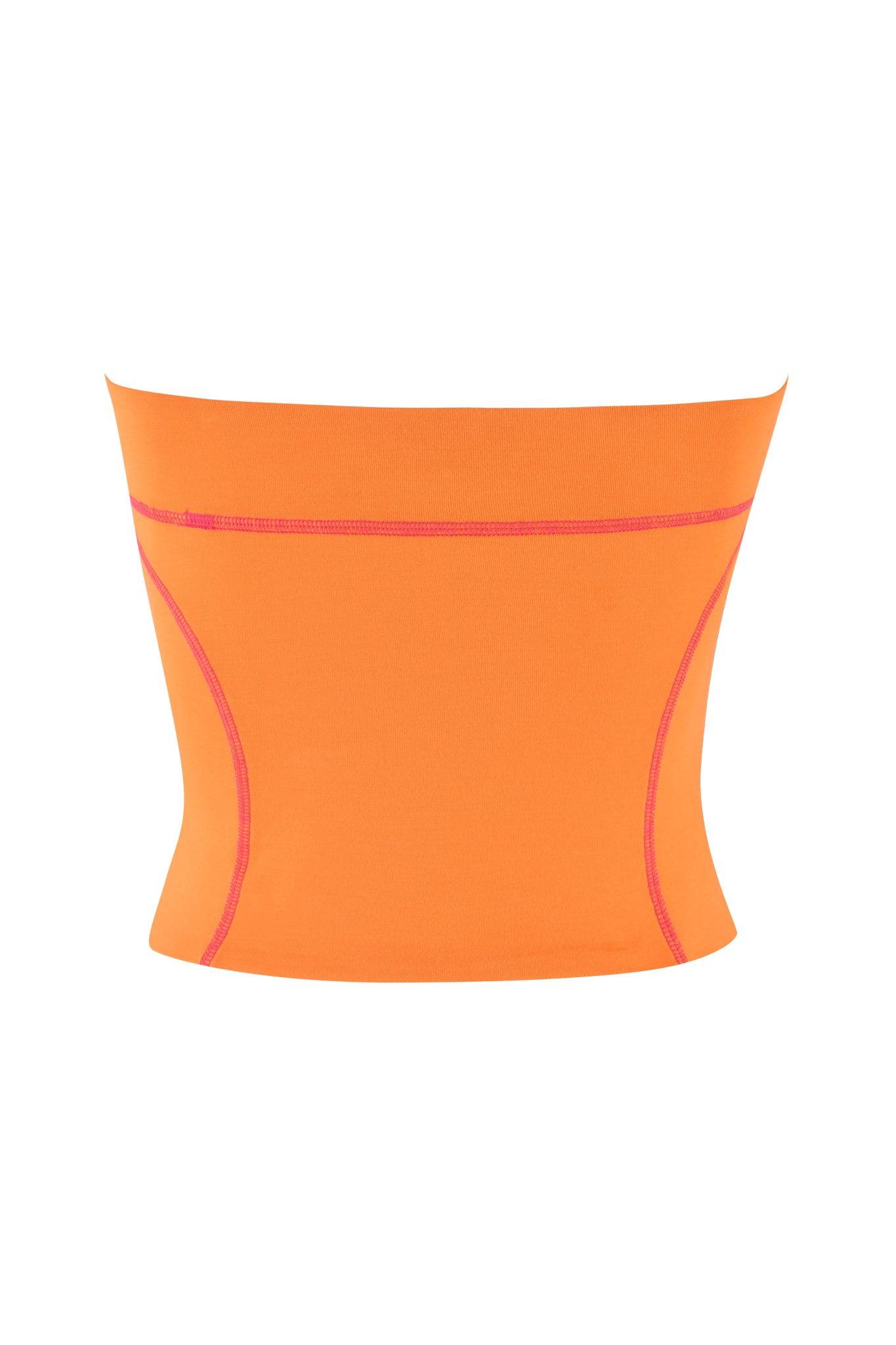The BLARE BOOB TUBE - ORANGE by I.AM.GIA displays a sleek front view with vibrant color, a minimalist seamless design, and striking blare contrast stitching accents.