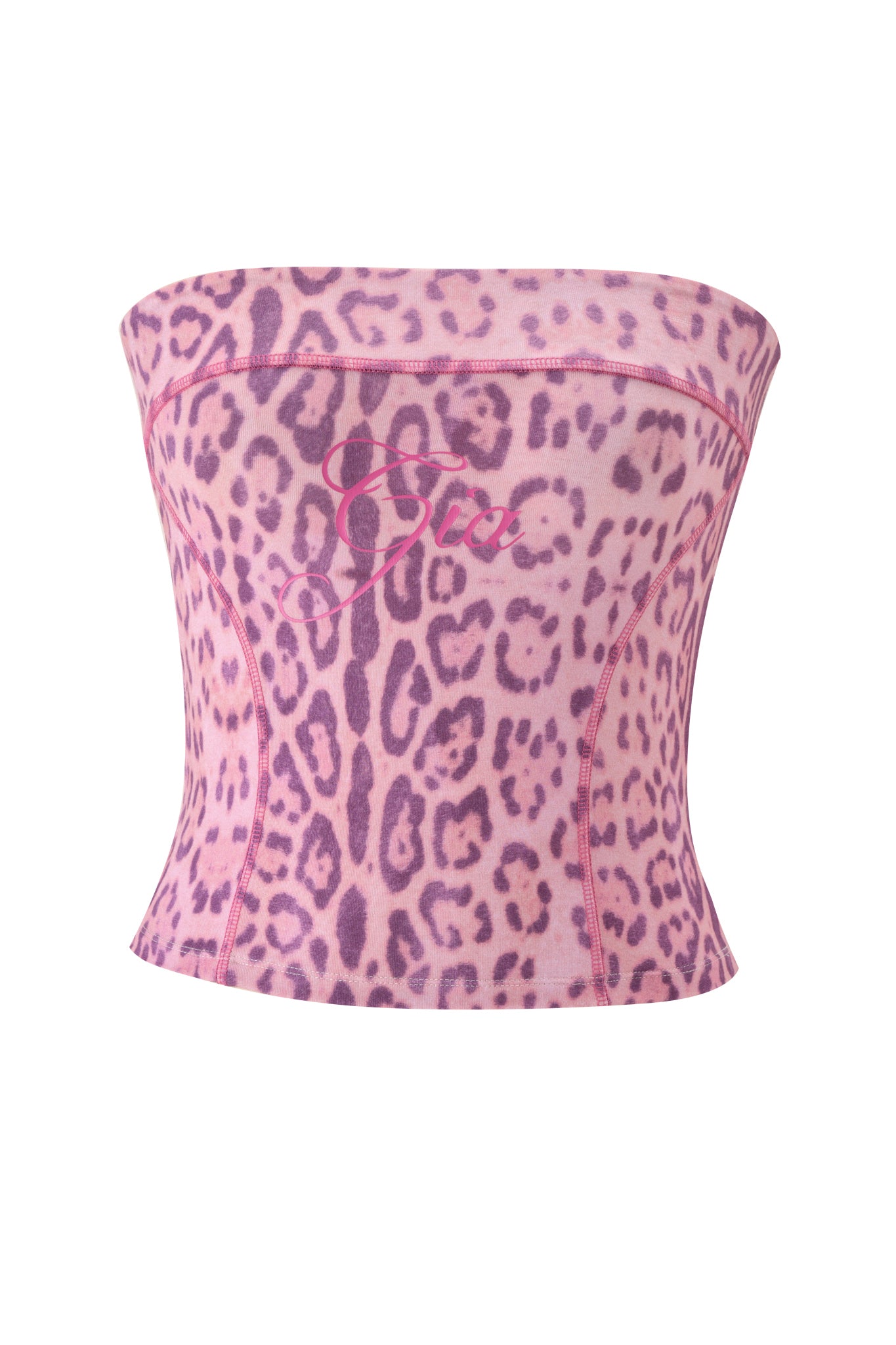 The BLARE BOOB TUBE by I.AM.GIA is a Pink Panthera print, strapless corset top with contour stitching and “Sex” in cursive on the front for a bold, bodycon crop look.