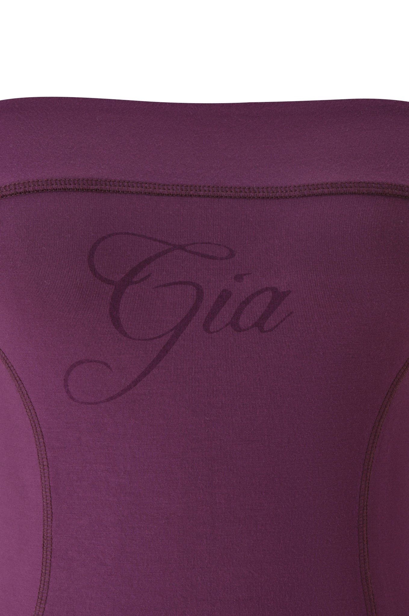 A close-up of the BLARE BOOB TUBE - PLUM by I.AM.GIA, showcasing purple fabric with the word “Gia” written in cursive lettering.