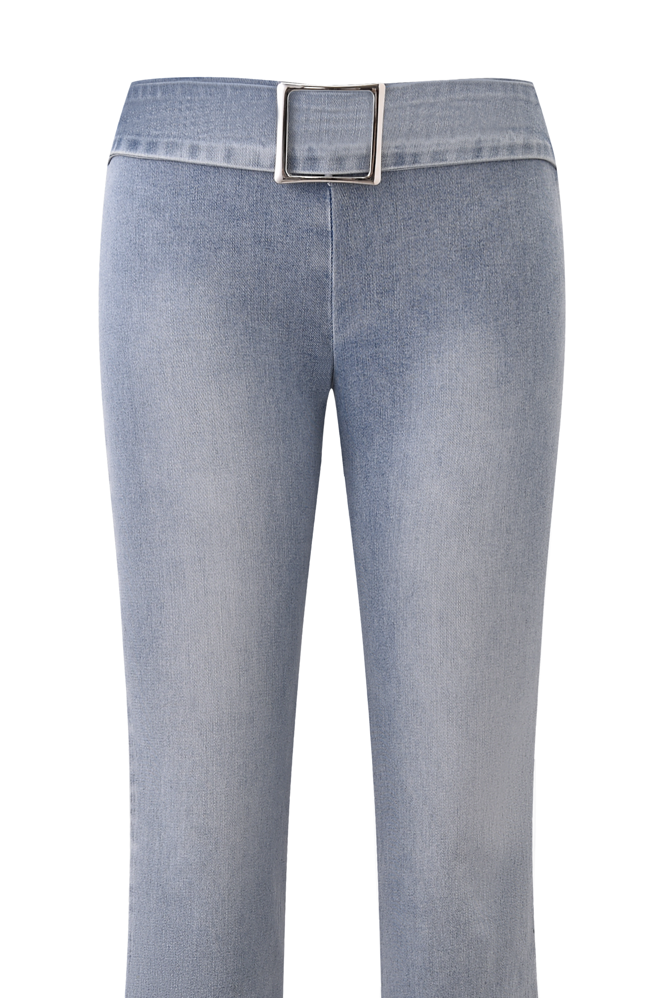 The SHARAH DENIM PANT - LIGHT WASH by I.AM.GIA features light blue stretch denim, a high waist, and a silver rectangular belt buckle, shown from the waist down with no upper body or feet visible.