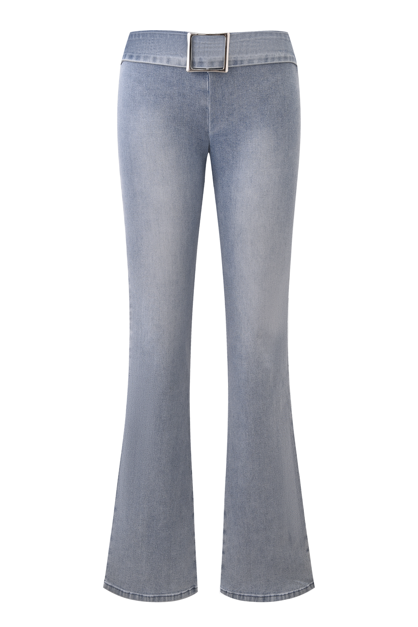 The SHARAH DENIM PANT - LIGHT WASH by I.AM.GIA features light blue stretch denim, a wide waistband with a bold silver buckle, fitted thighs, and dramatic flared legs. The design is sleek with no visible pockets or embellishments.