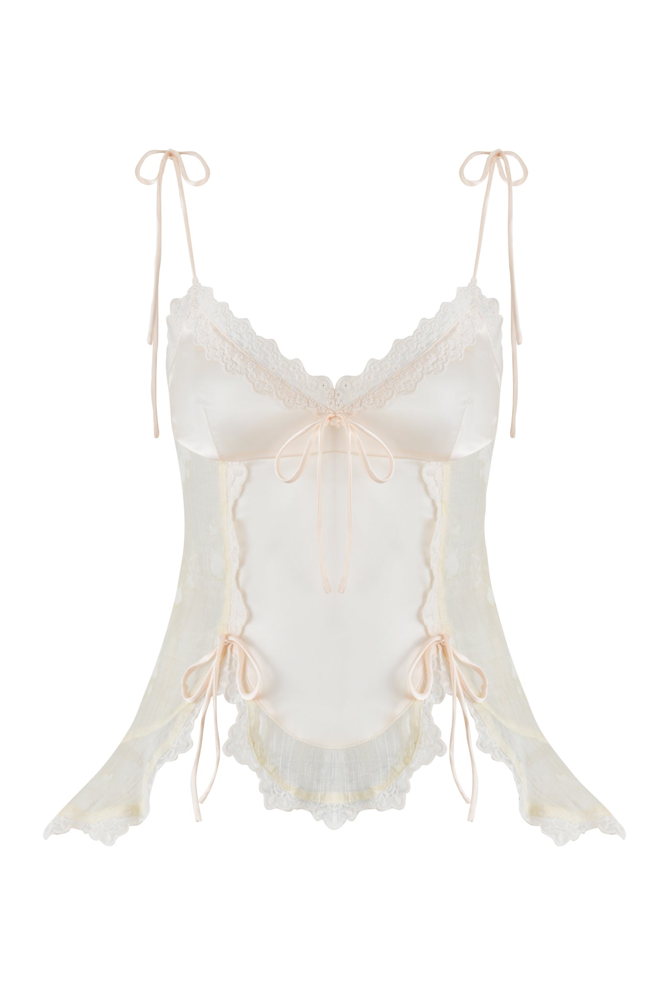 The MEADOW TOP - WHITE: FLORAL DELIGHT by I.AM.GIA is a delicate scalloped cami with lace trim and shoulder-tie spaghetti straps. Bow accents decorate the front, while its stretch satin in soft cream offers a flowing, romantic design.