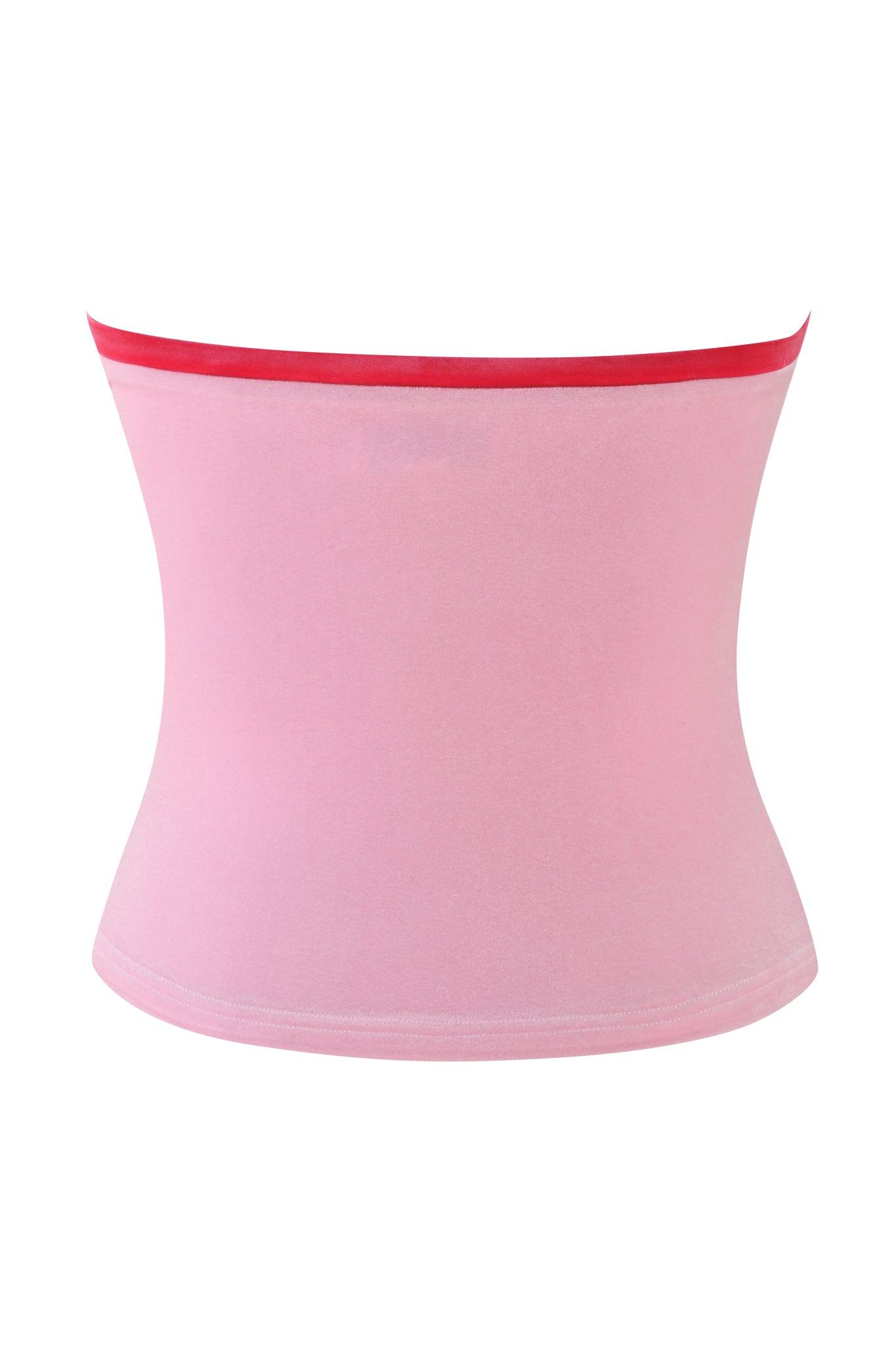 The MICHELLE VELOUR BOOB TUBE by I.AM.GIA is a strapless baby pink top with a red trim, crafted from velour for a smooth, body-hugging fit. The image displays the top laid flat, emphasizing its shape and design.