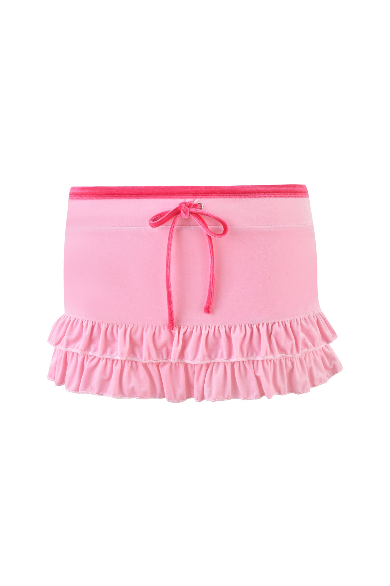 Discover the Michelle Velour Mini Skort in pink by I.AM.GIA: a charming low-rise skort with a drawstring waistband and double-layered ruffled trim, perfect for velour lovers.