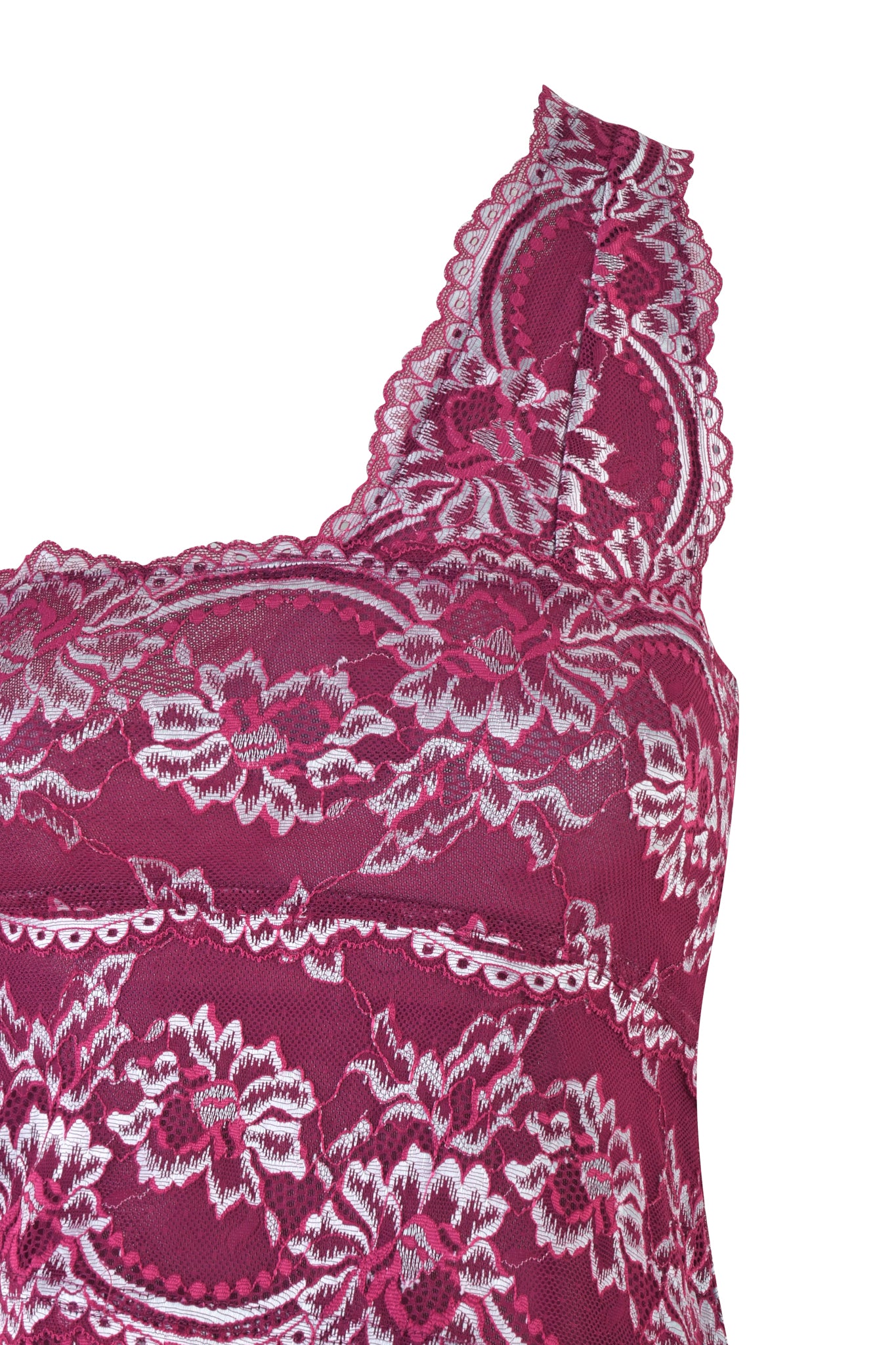 The PHOENIX TOP - PURPLE : PLUM by I.AM.GIA highlights intricate white floral lace patterns. Its bodycon fit enhances the silhouette, while sleeveless design and scalloped edges with straps display detailed craftsmanship.