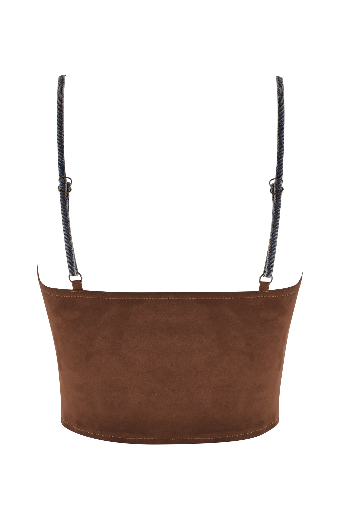 The FORREST BUSTIER in medium wash by I.AM.GIA features a brown suede crop top with navy blue adjustable spaghetti straps, shown from the back. The suede contrast panels create a smooth, fitted design for a minimalist and stylish look.