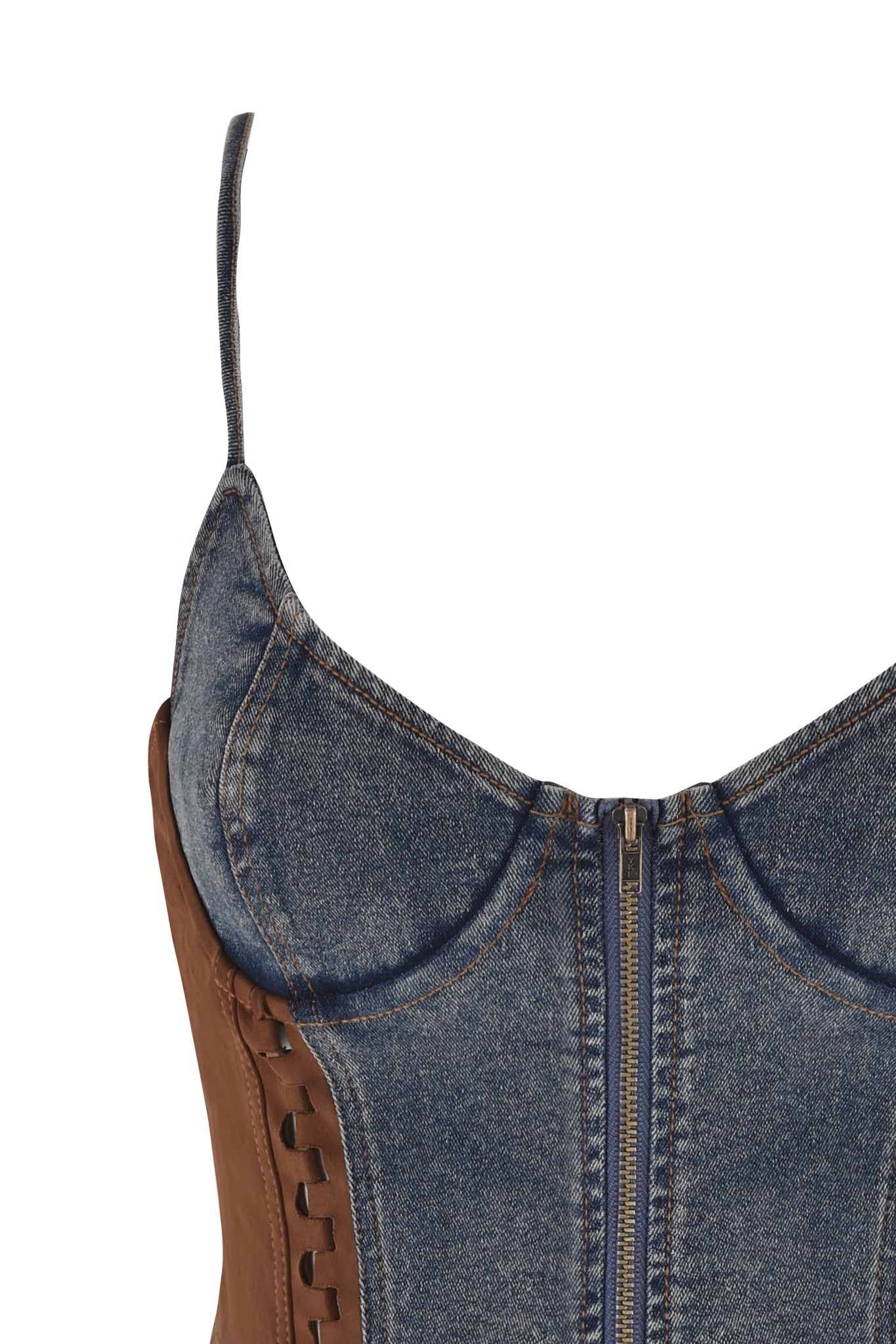 The FORREST BUSTIER - BLUE: MEDIUM WASH by I.AM.GIA features adjustable straps, a zipper front, and brown laced sides with suede contrast panels.