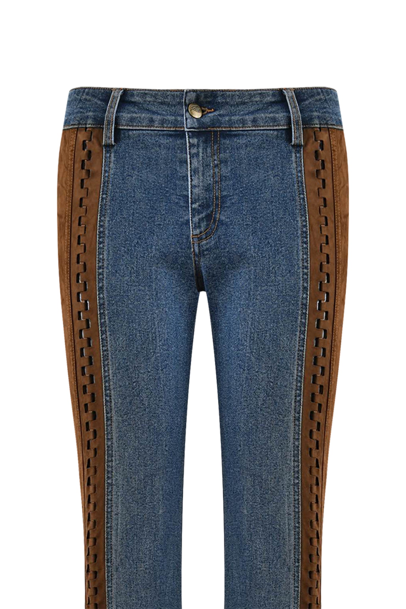 The FORREST PANT - BLUE : MEDIUM WASH by I.AM.GIA features a mid-rise flare design with brown suede contrast panels, decorative lace-up detailing, button closure, and belt loops, blending denim with unique elements and a vintage washed effect.