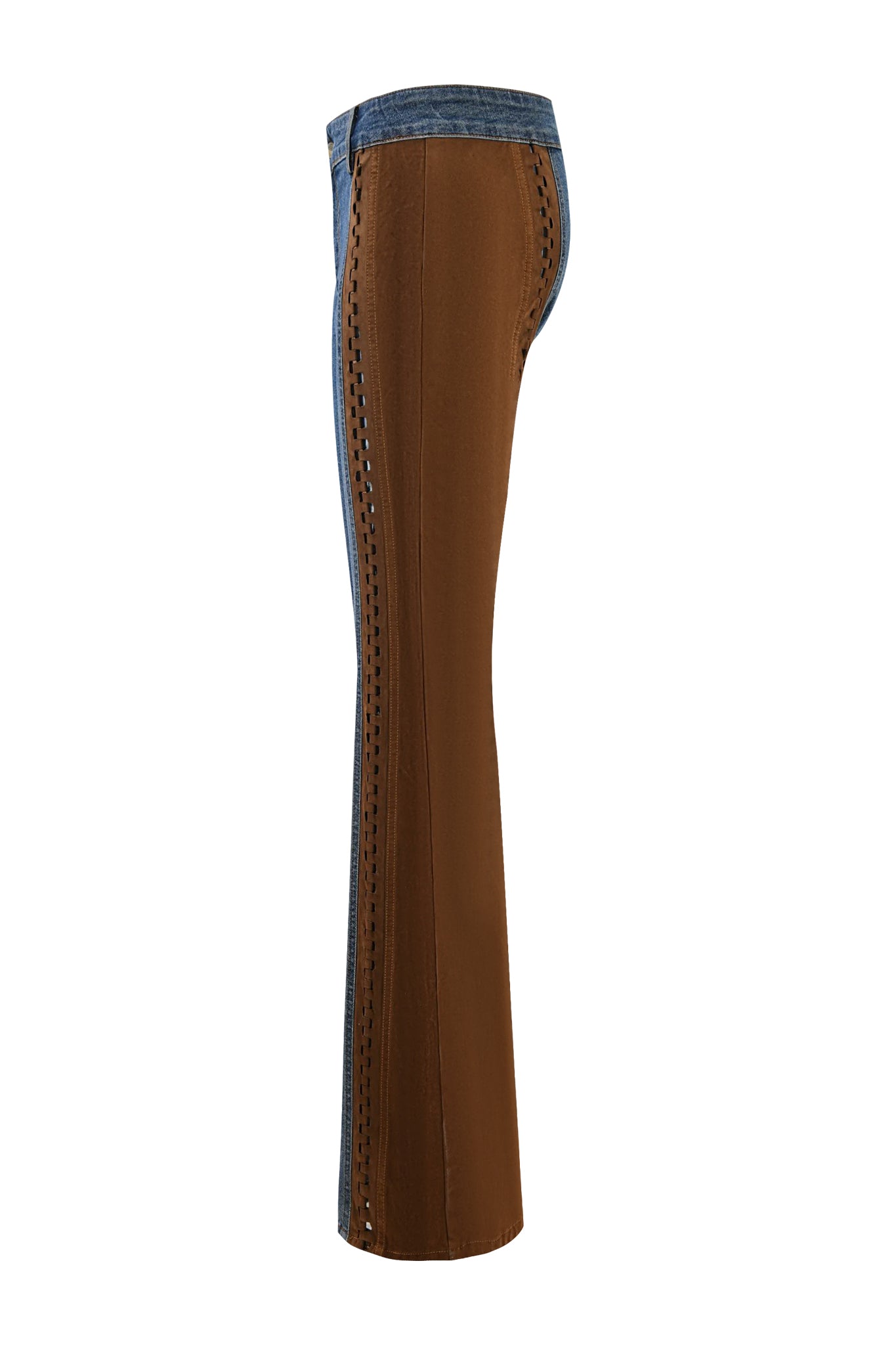 The I.AM.GIA FORREST PANT in medium wash features a side view with one denim and one brown leather-look leg, the latter adorned with a vertical stitched pattern, blending contrasting materials for a unique and fashionable look.