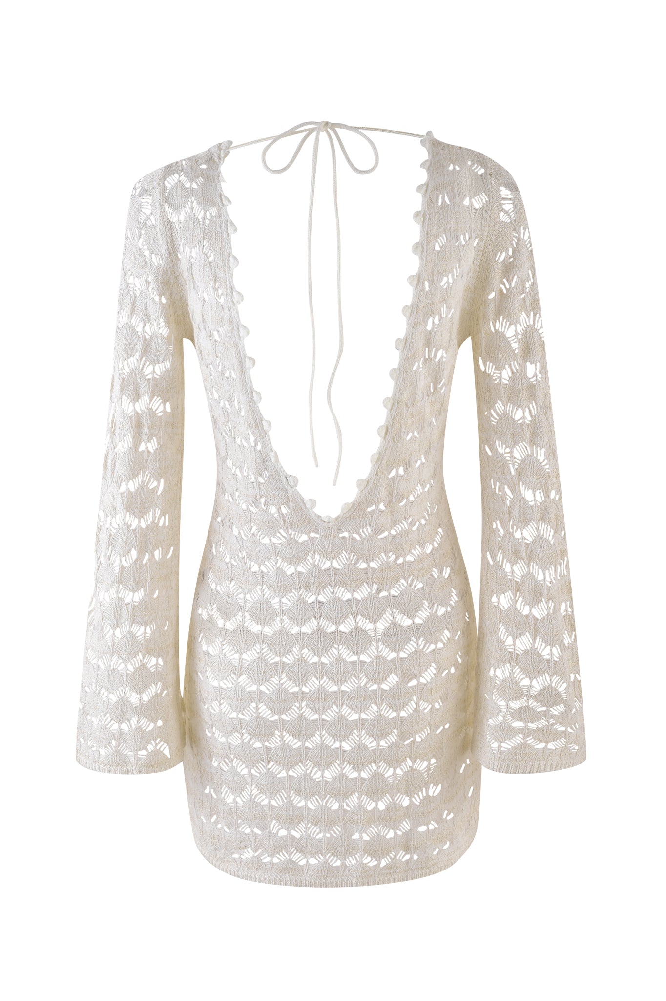 The SIENNA MINI DRESS by I.AM.GIA, in cream, is a white crocheted mini dress featuring bell sleeves, a deep V-neck with scalloped edges, and intricate floral and geometric patterns. The open back design is secured with a neck tie.