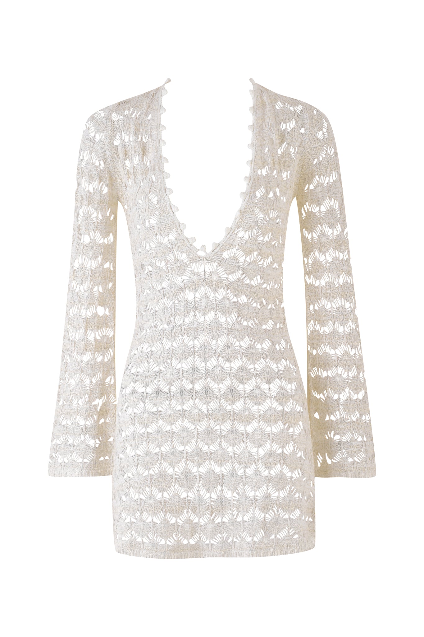 The SIENNA MINI DRESS - BEIGE : CREAM by I.AM.GIA is a cream-colored crochet mini dress featuring a deep plunging V-neck, scalloped edges, and bell sleeves. Its delicate open-knit pattern offers a lace-like, semi-transparent appearance with a slightly flared silhouette.