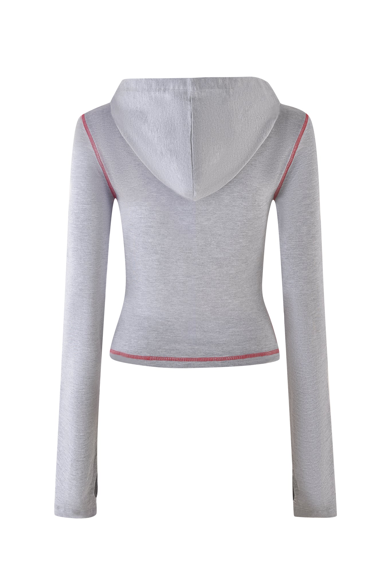 The I.AM.GIA BLARE HOODIE in Dove Grey features a bodycon silhouette, long sleeves, and striking red seam stitching. Showcased from the back, it highlights the hood and fitted design for a stylish statement in any setting.