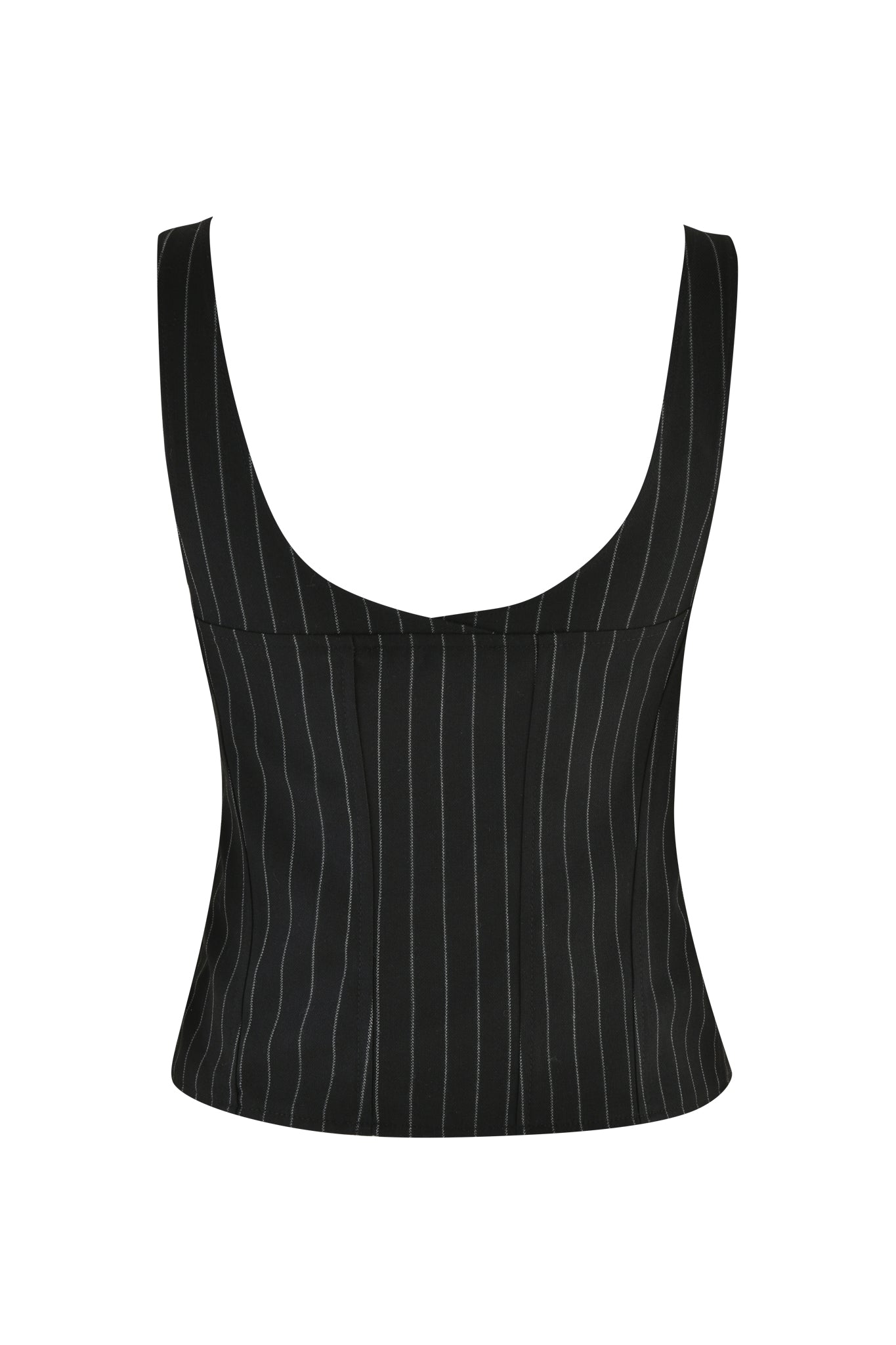 The MARRION CORSET by I.AM.GIA is a black vest with a scoop neckline and vertical white pinstripes, designed to fit snugly like a corset for an elegant, tailored look.