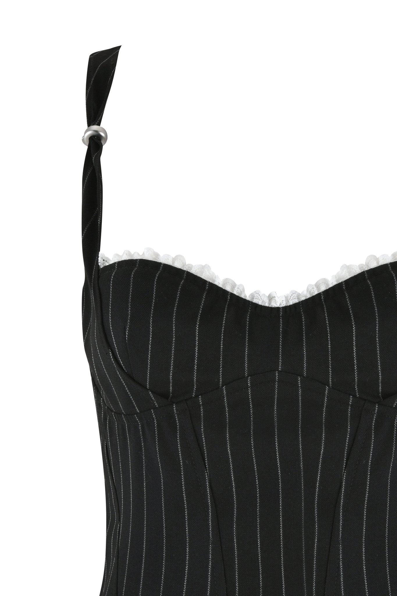 Close-up of the MARRION CORSET - BLACK by I.AM.GIA featuring black pinstripes with delicate white lace trim along the top. A black strap with button detail enhances its elegance, showcasing the intricate fabric texture.