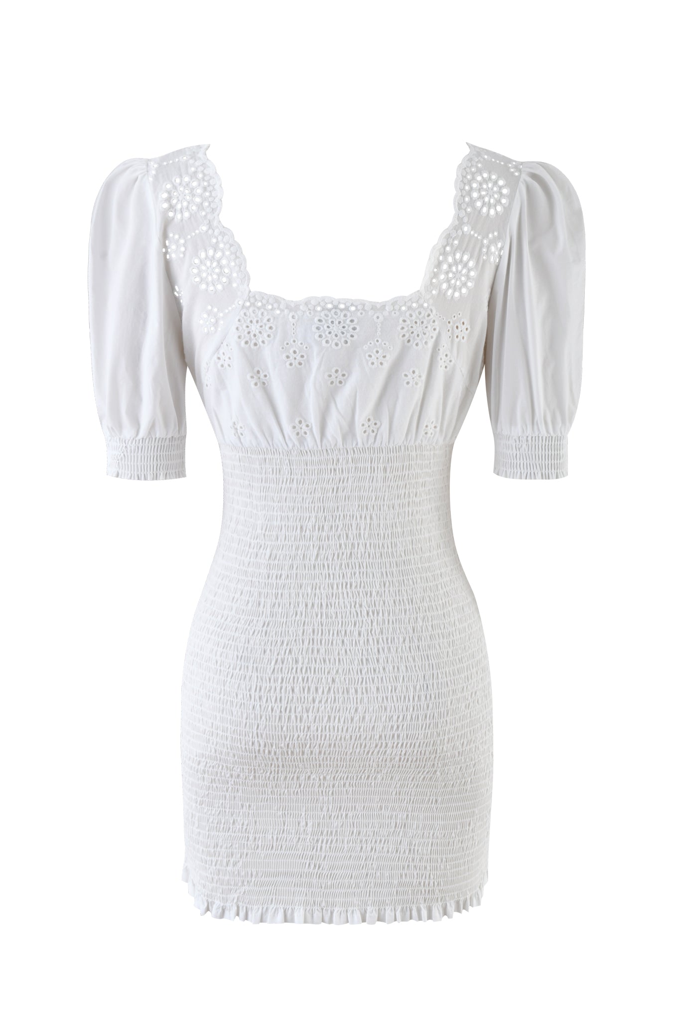 The LEVI MINI DRESS - WHITE by I.AM.GIA is a smocked mini dress with a fitted bodycon design, featuring short puffed sleeves, intricate floral lace detailing, a square neckline, and a slightly ruffled hem.