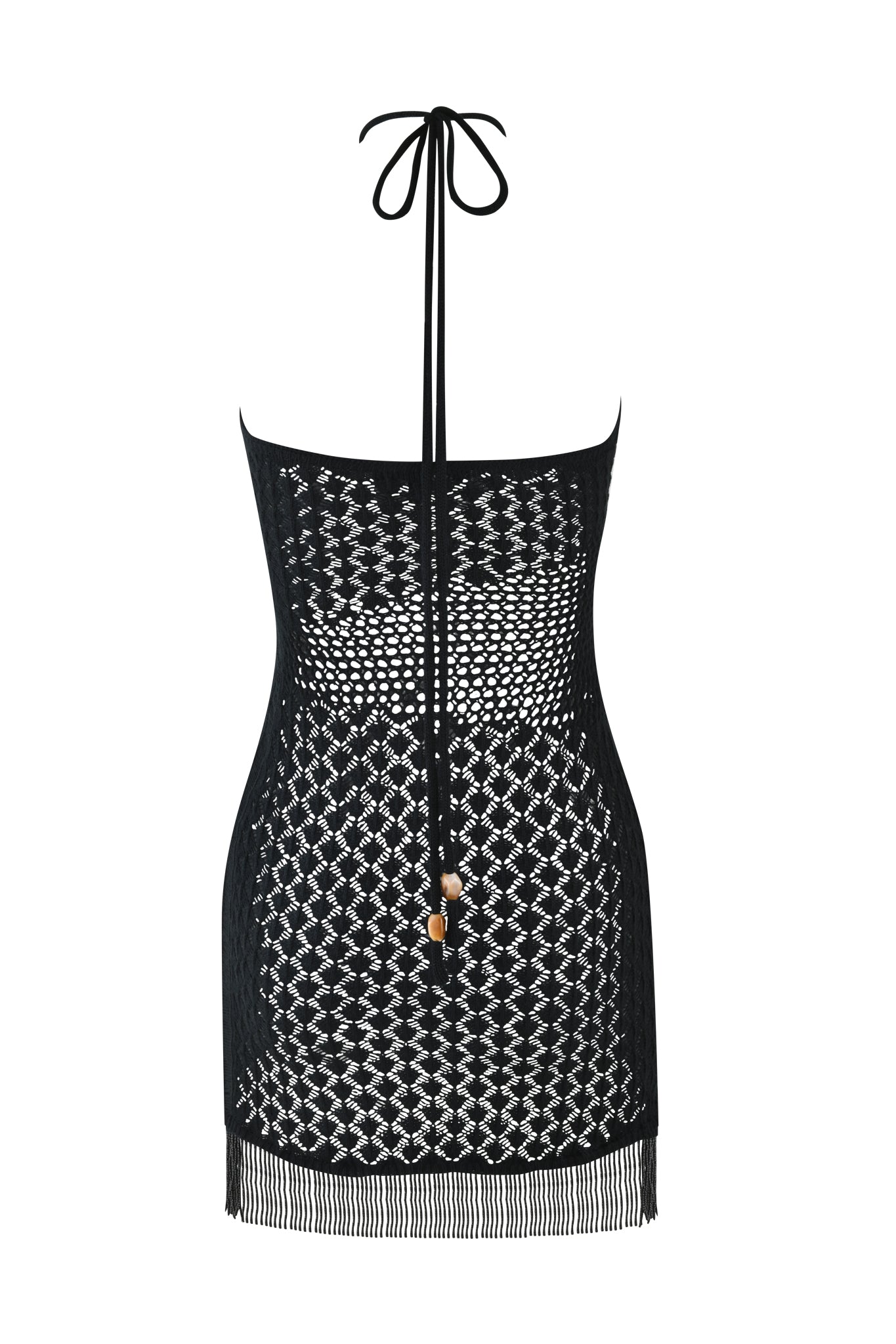 The CORALIE MINI DRESS by I.AM.GIA is a black crochet mini with a halter neck tie featuring gold bead details, geometric cutouts, a sheer body-con fit, and fringe trim at the hem.