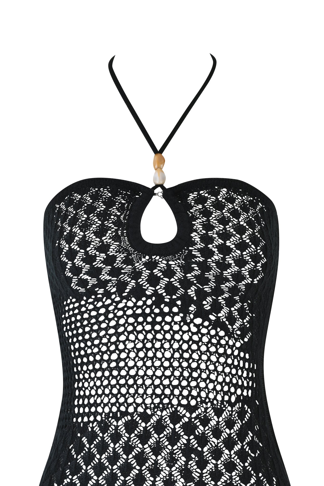 The I.AM.GIA CORALIE MINI DRESS in black is a crochet halter mini dress with a keyhole neckline, wooden bead detail, and body-con fit, shown on a white background.