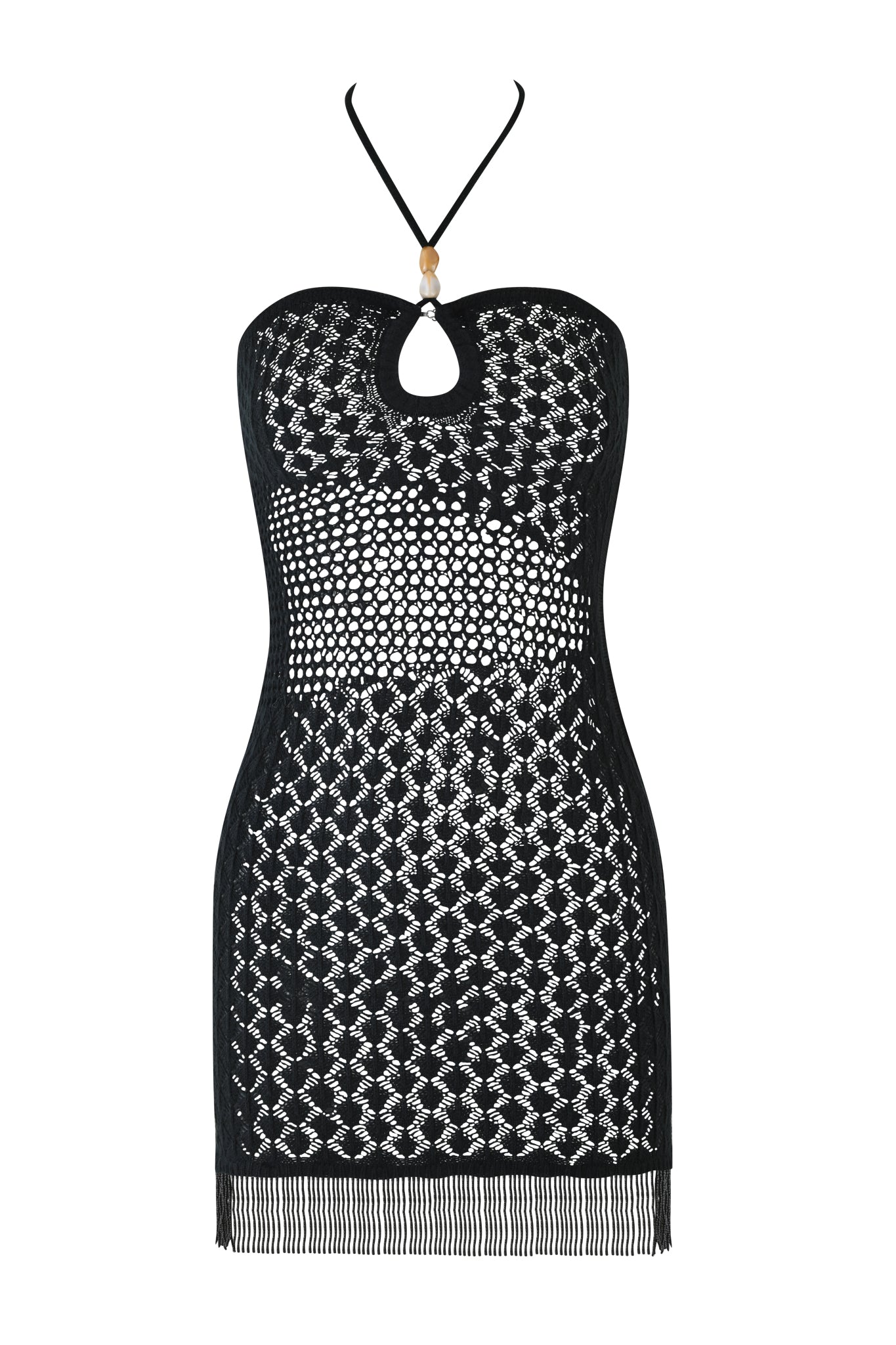 The CORALIE MINI DRESS - BLACK by I.AM.GIA is a sheer black crochet mini dress with a halter neck, keyhole neckline, gold ring detail, fringed hem, geometric open-knit pattern, and a body-con fit for an effortlessly chic vibe.