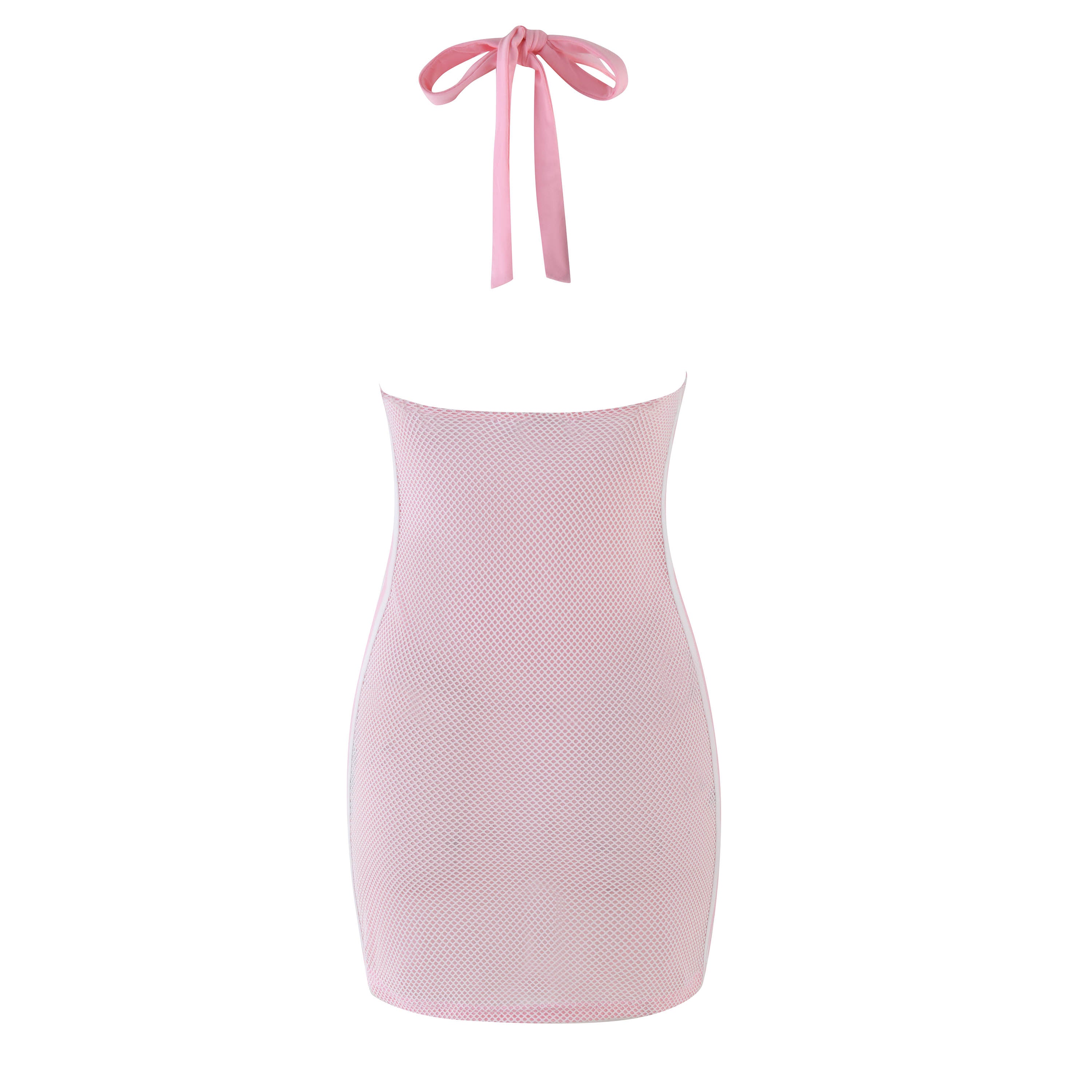 The CHANDLER MINI DRESS - PINK by I.AM.GIA showcases a bodycon silhouette with halter neck tie in baby pink, featuring a sleeveless design and subtle textured pattern elegantly on a white backdrop.
