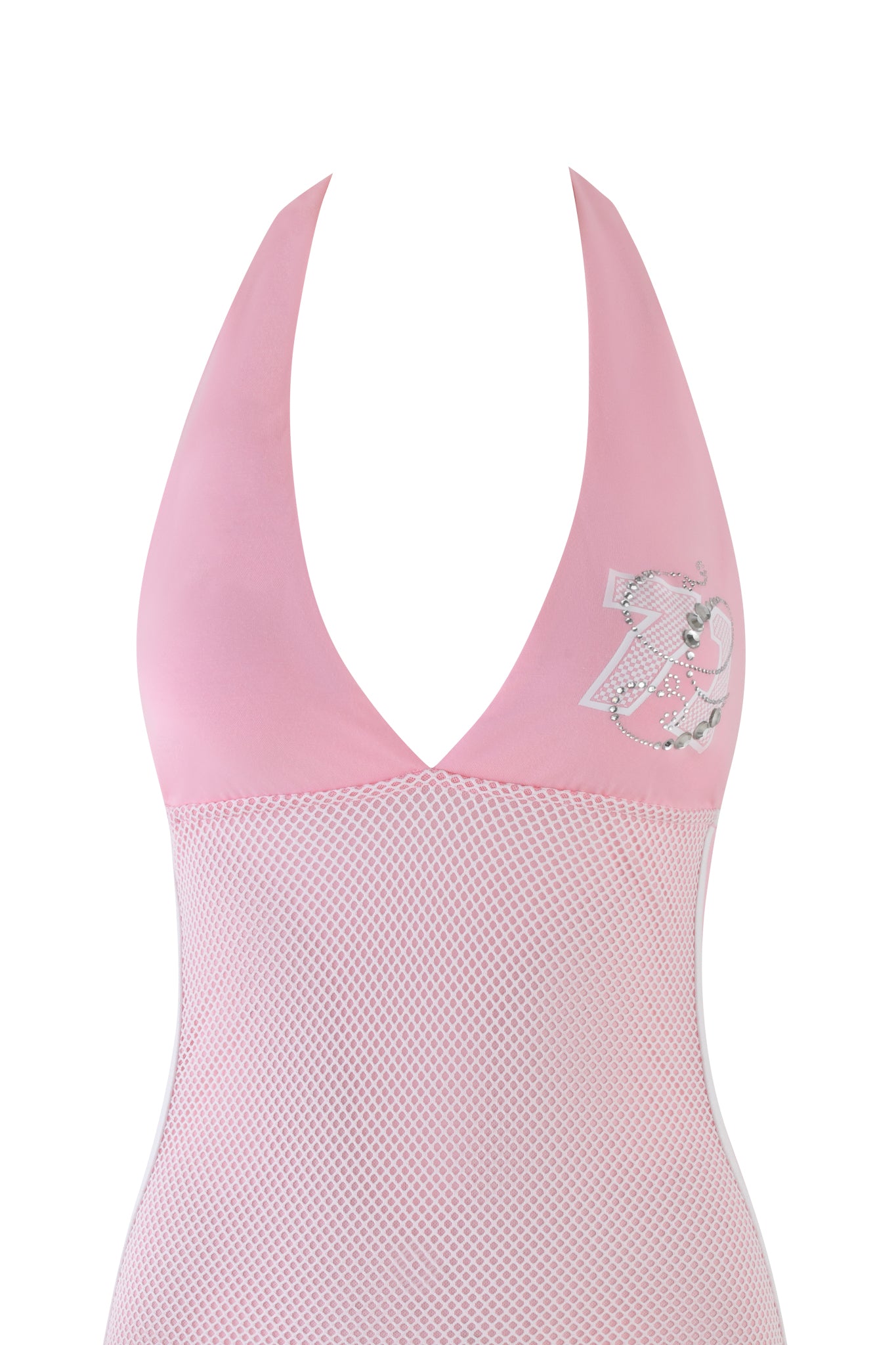 The I.AM.GIA Chandler Mini Dress in baby pink features a bodycon silhouette, a plunging neckline, and a white mesh overlay on the lower half. It includes a decorative "77" on the left chest, encapsulating a chic vibe.