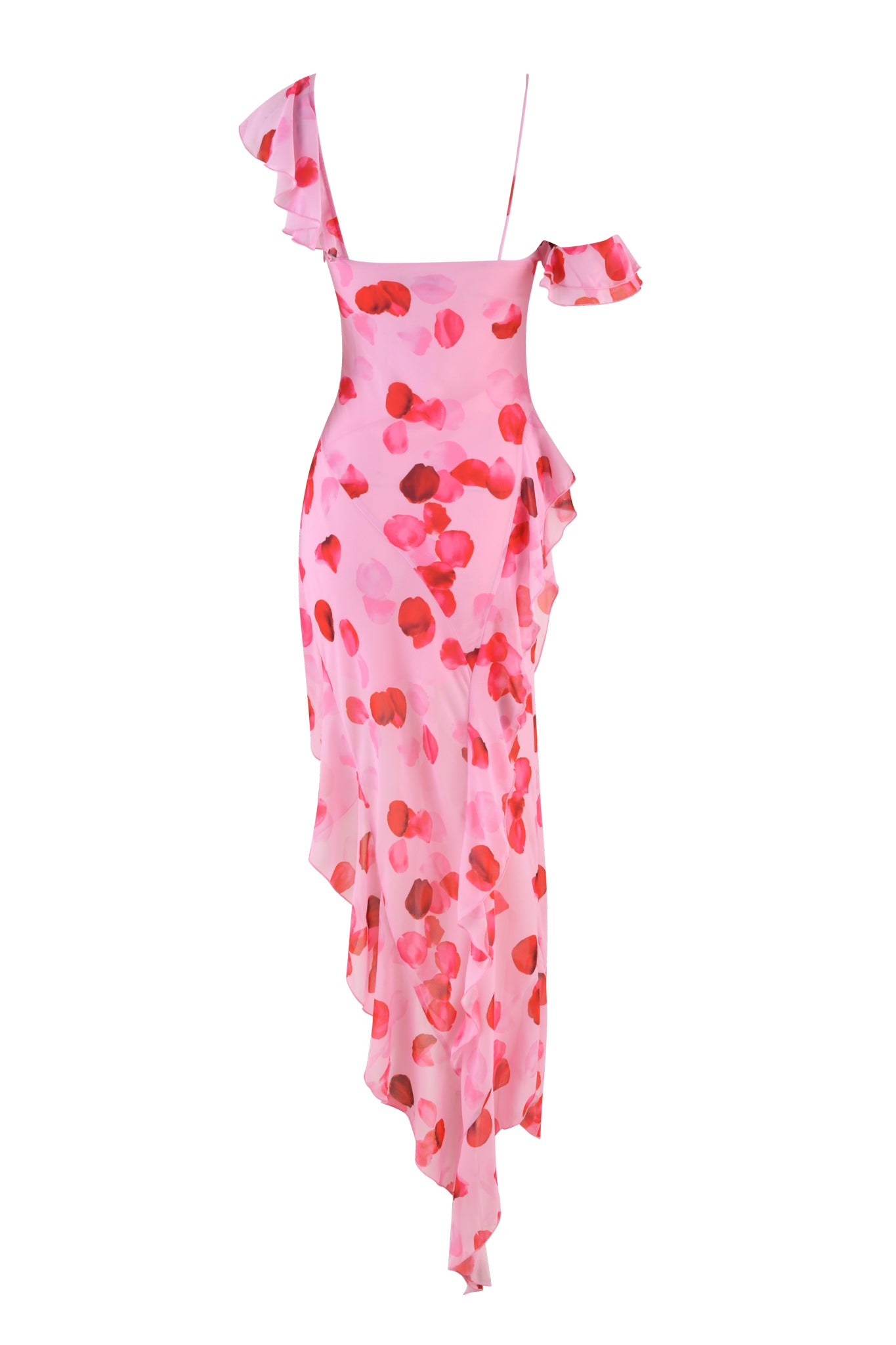 The JULIETTA MAXI DRESS by I.AM.GIA in Pink : Peach Pretty Petal features a cascading silhouette with an elegant rose petal print, ruffled straps, and an asymmetrical hem, complete with a single thin shoulder strap for a statement look.