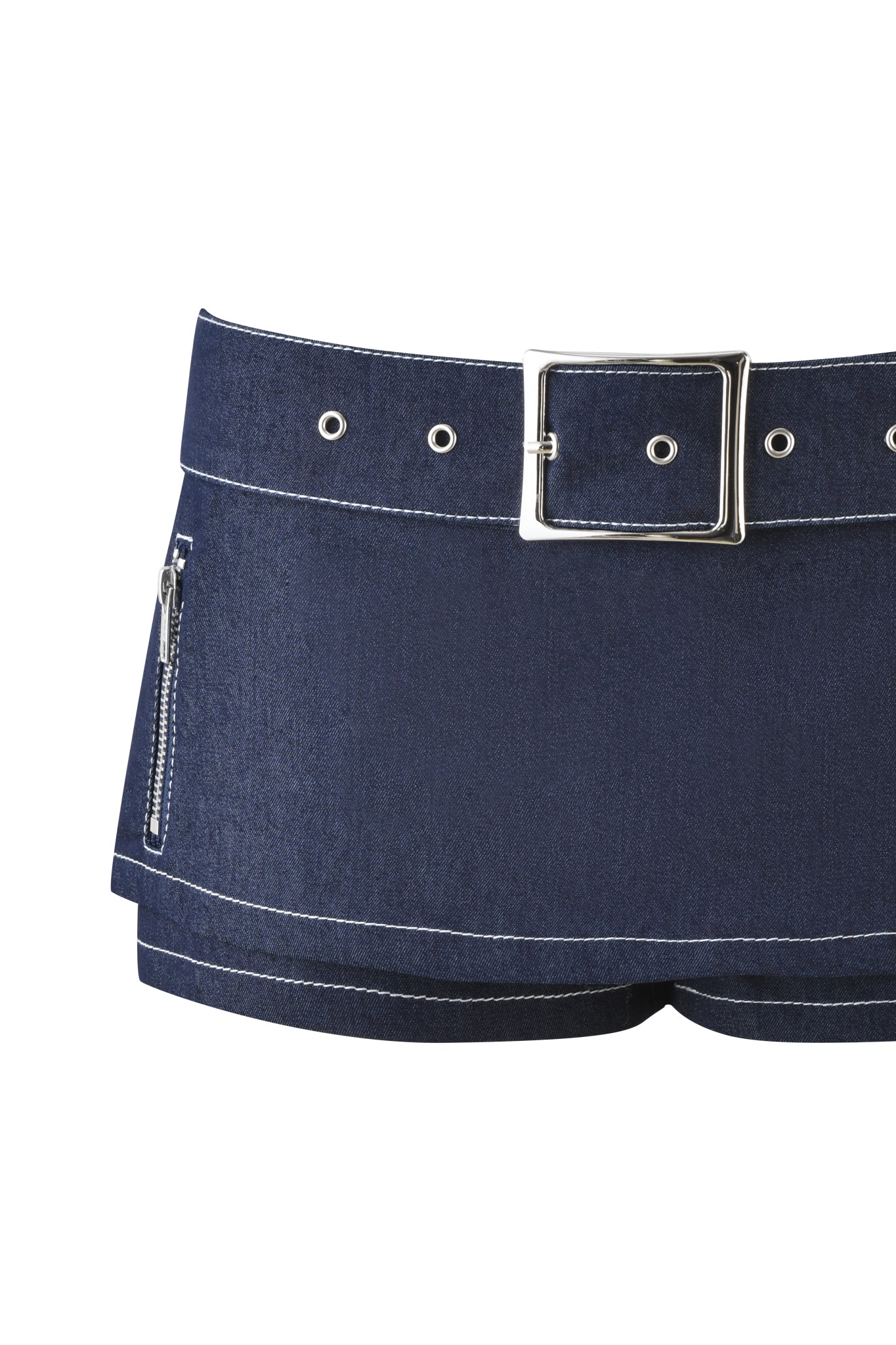 Introducing the MARRION DENIM SKORT by I.AM.GIA: a chic dark blue denim skort featuring a stylish silver buckle belt, low-rise waist, side zipper pocket, and elegant white stitching.