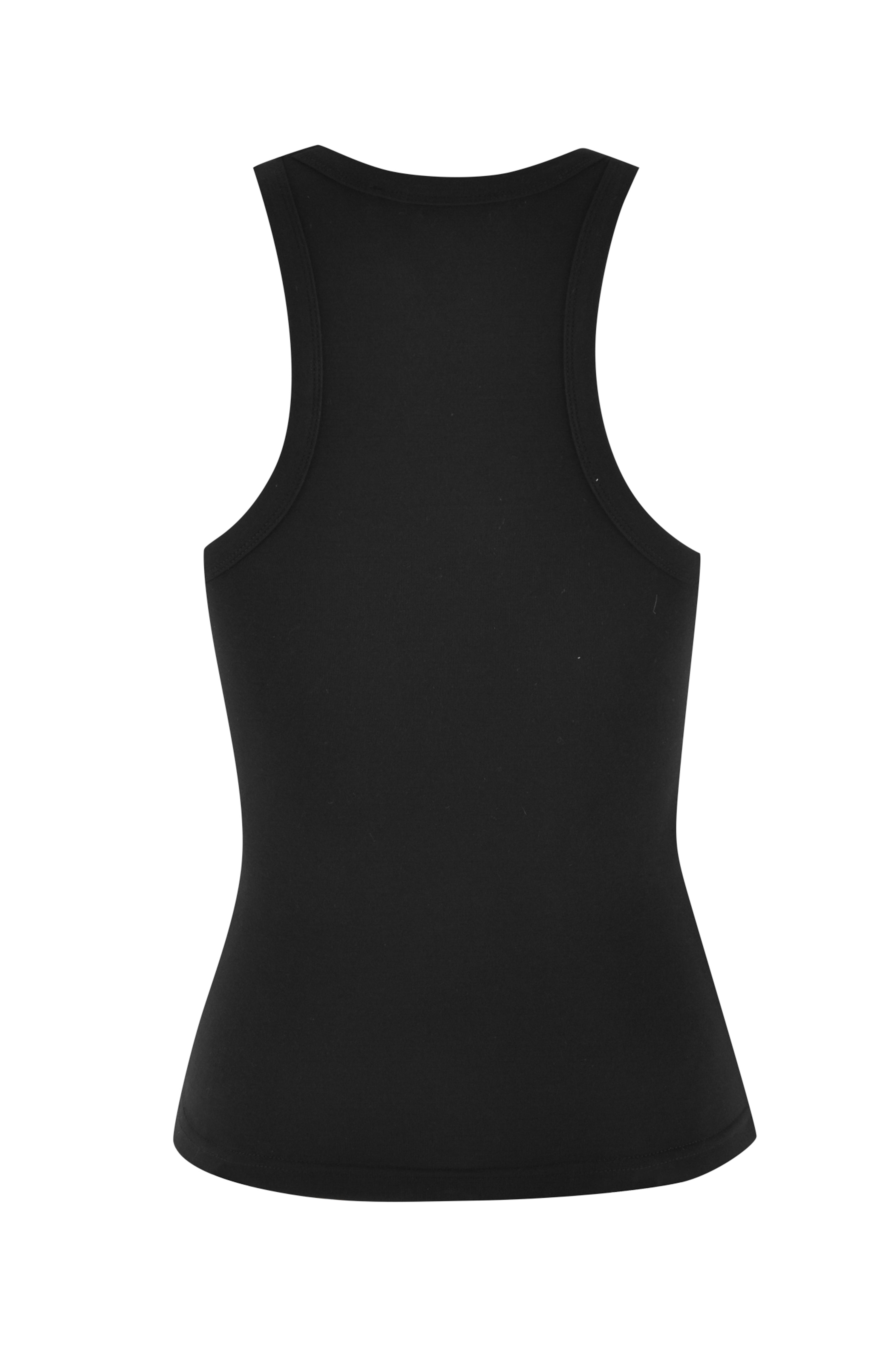 Back view of the AQUARIUS ZODIAC TANK by I.AM.GIA in black, racer-style bamboo with a subtle placement print, on a white background.