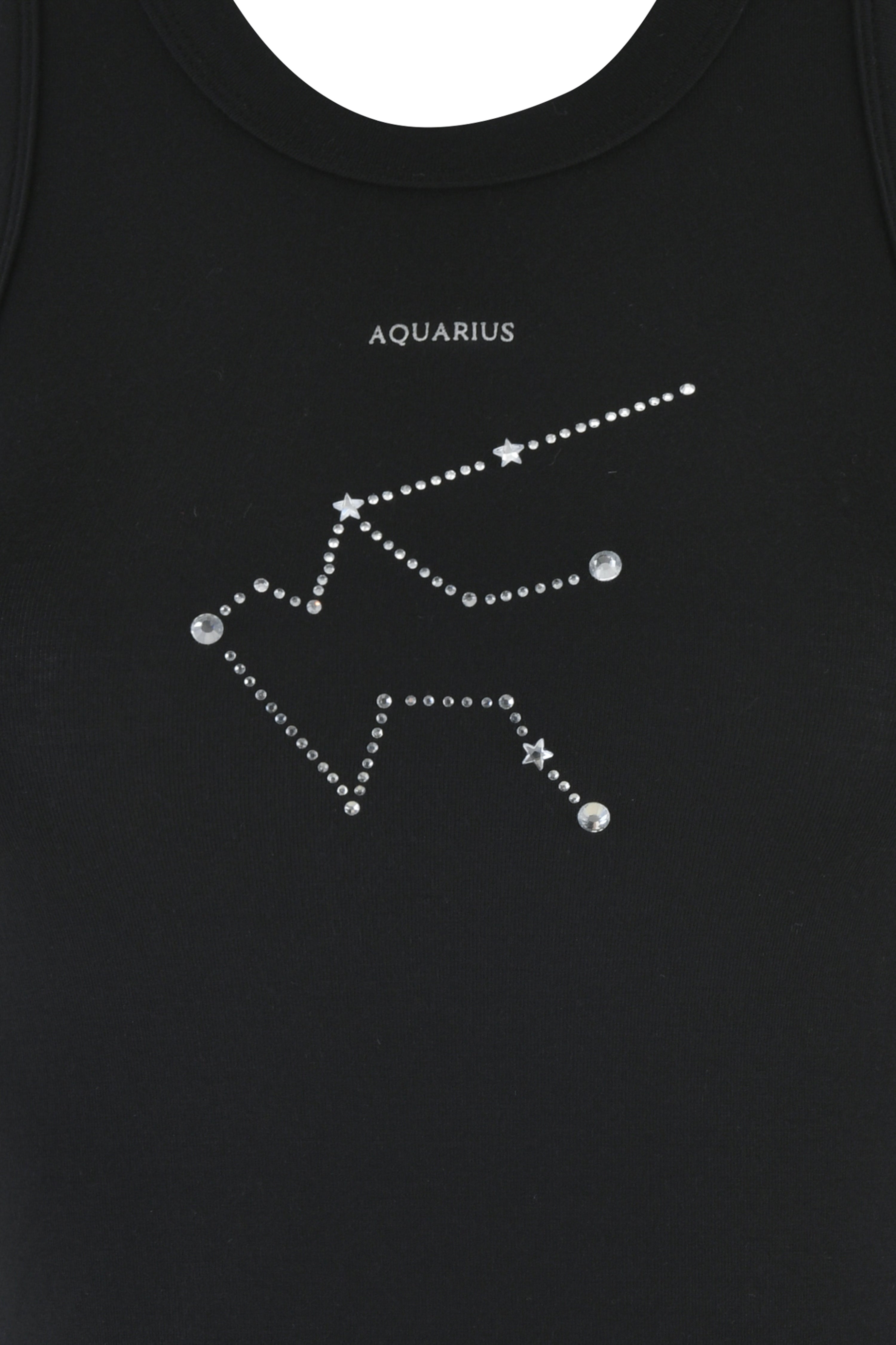 The I.AM.GIA AQUARIUS ZODIAC TANK - BLACK is a racer-style bamboo tank top featuring an Aquarius constellation design crafted from rhinestones.