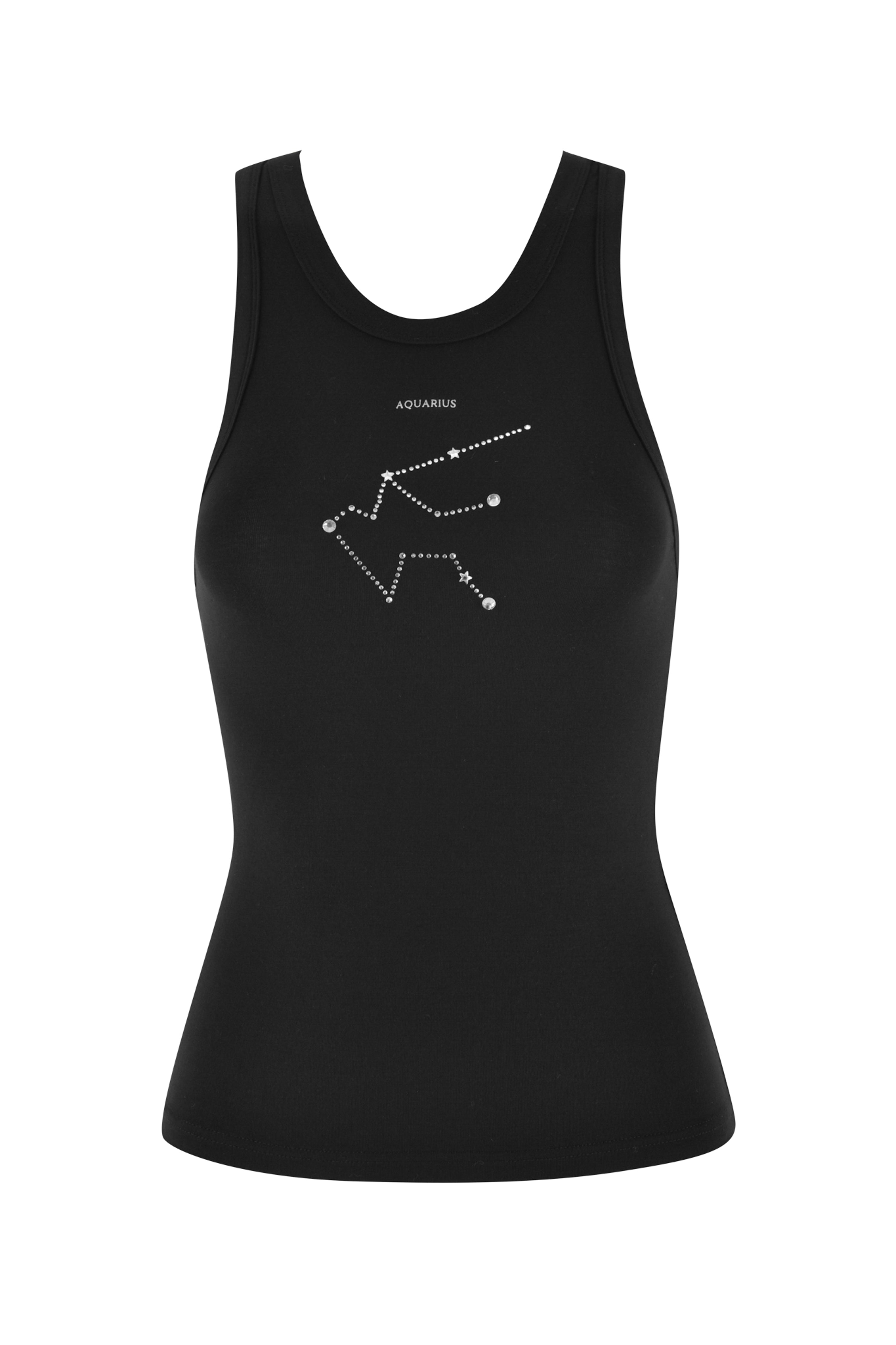 The AQUARIUS ZODIAC TANK - BLACK from I.AM.GIA is a racer-style bamboo tank top, showcasing an Aquarius constellation diamante graphic with celestial symbols. It features a sleeveless design and round neckline, blending style with astrological charm.