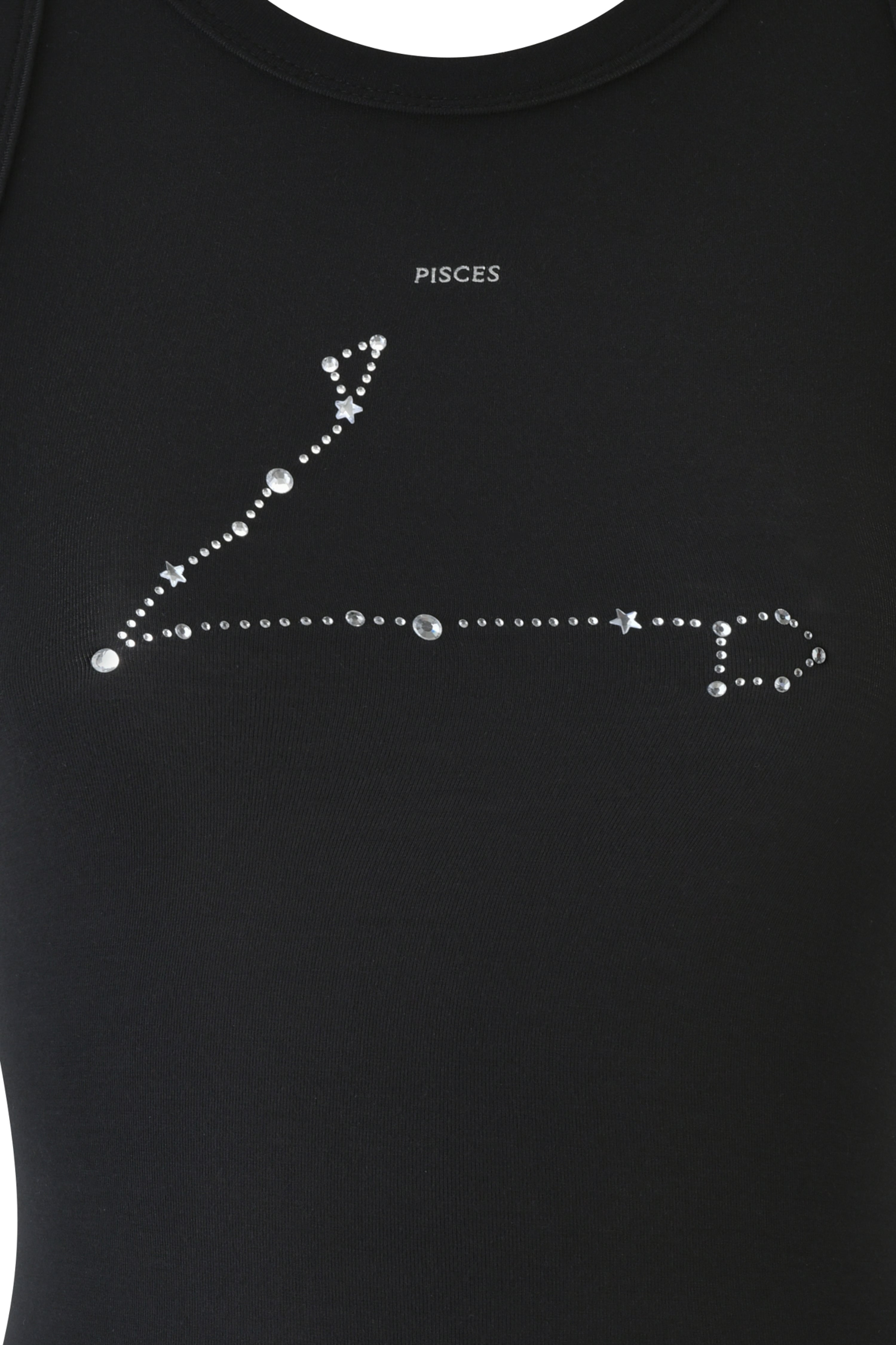 Experience the allure of the PISCES ZODIAC TANK - BLACK by I.AM.GIA, a racer-style top featuring the Pisces constellation with silver studs and "PISCES" elegantly topping the design for a celestial-modern blend.