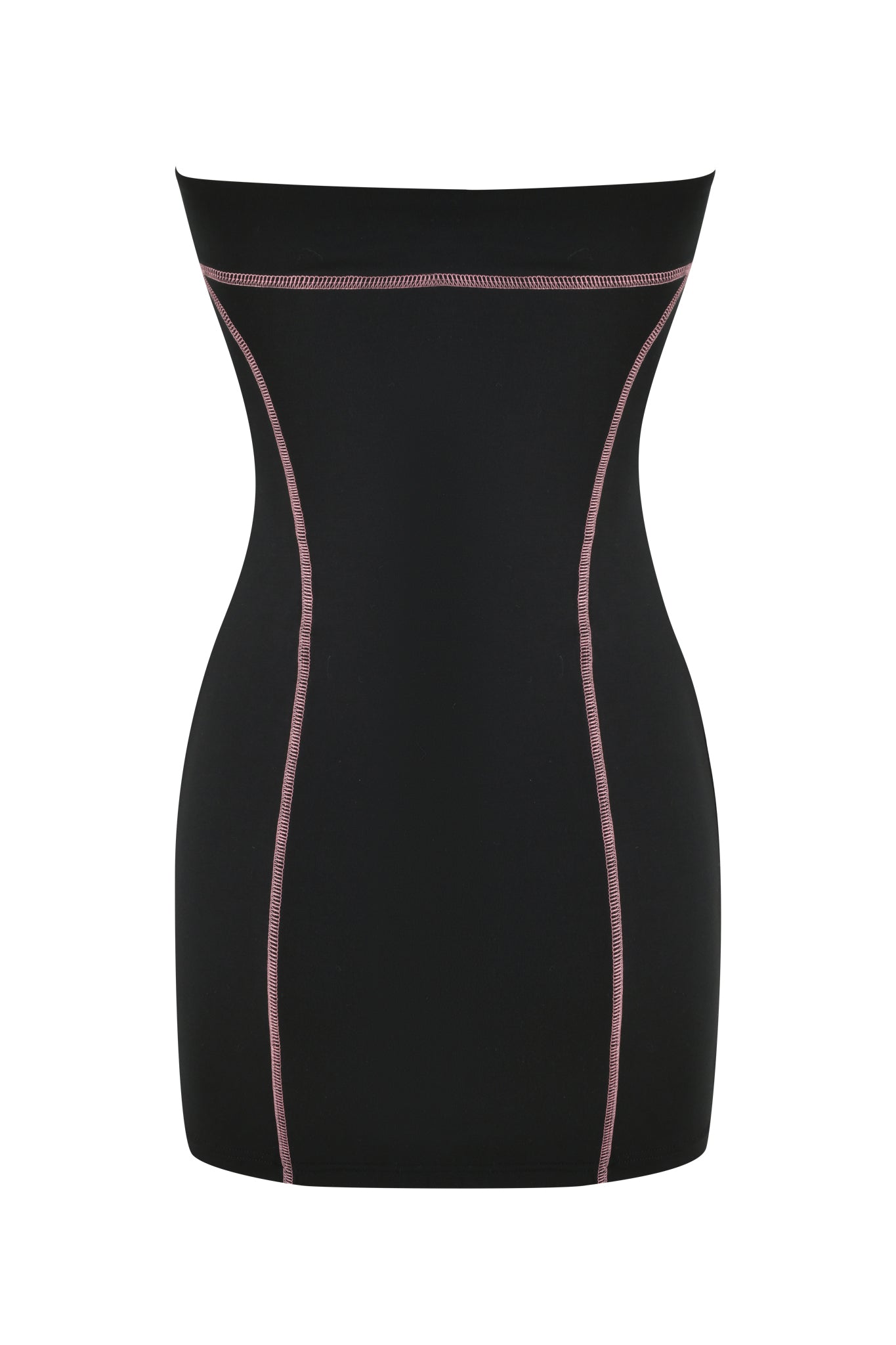 The BLARE TUBE MINI DRESS by I.AM.GIA features a figure-hugging black design with subtle pink seam details. Its sleek finish and contrasting colors create a minimalistic style, perfect for chic outings.