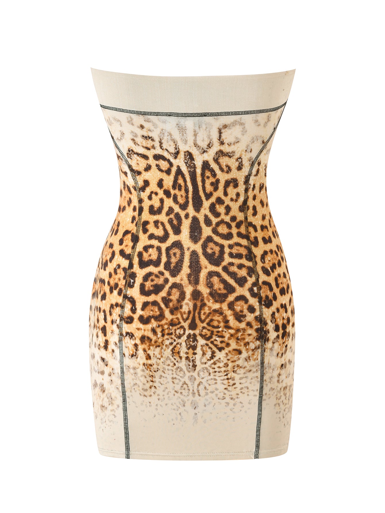 The BLARE TUBE MINI DRESS - CREAM FADED PANTHERA by I.AM.GIA is a strapless, curve-accentuating bodycon dress featuring a cream faded panthera print, displayed on a white background.