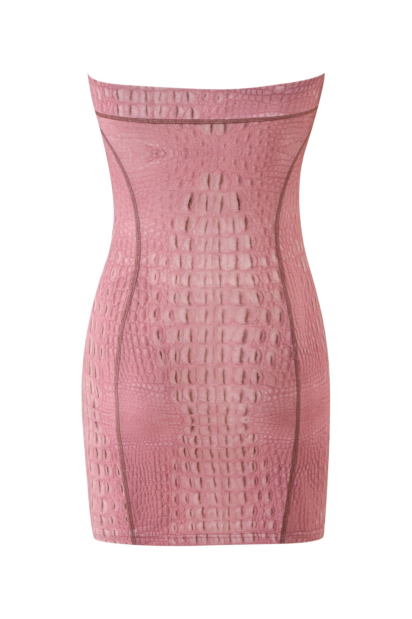 The BLARE TUBE MINI DRESS - HOT CROC PINK by I.AM.GIA is a strapless, form-fitting mini dress featuring a bold hot pink croc texture and a sleek bodycon silhouette, showcased against a white background.
